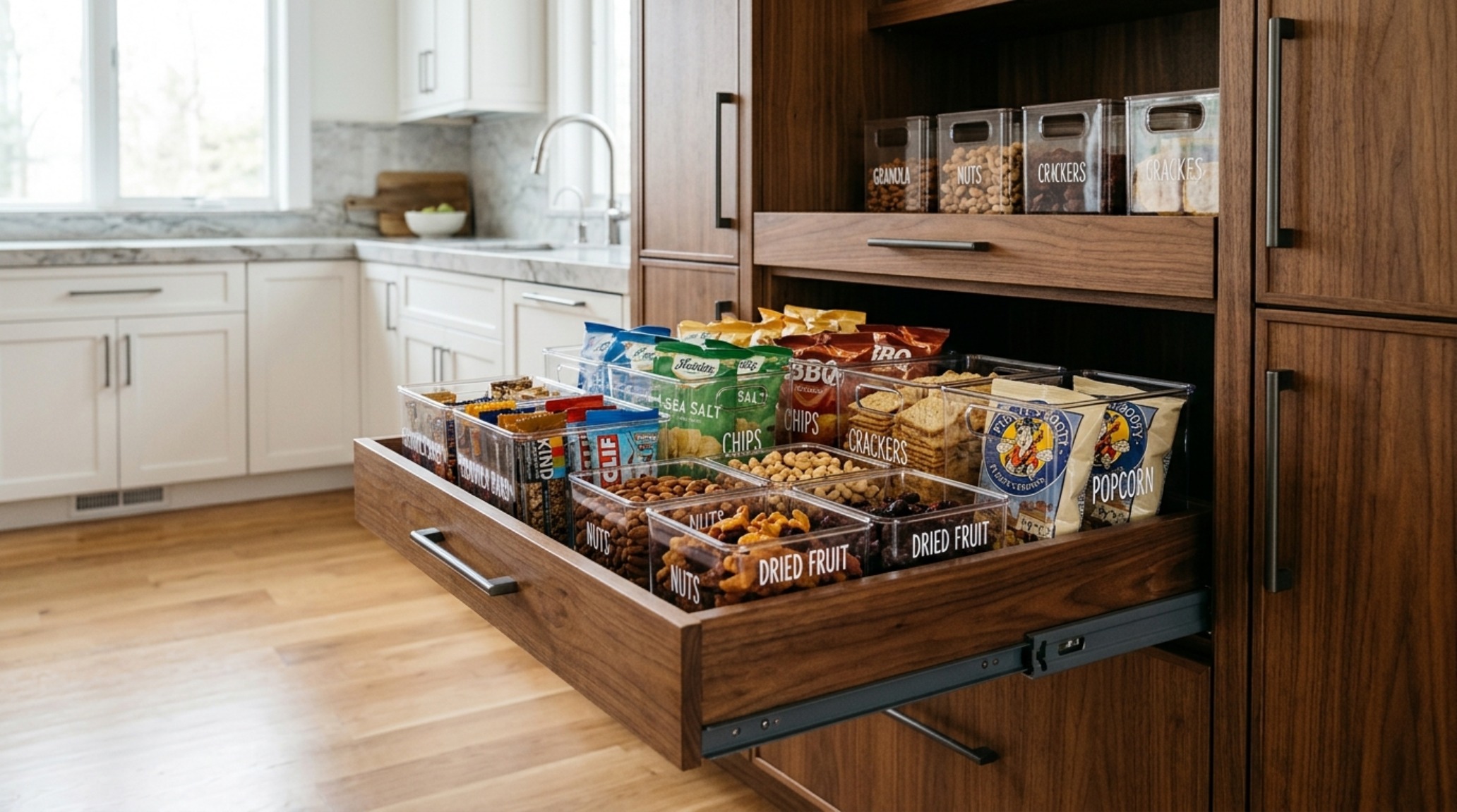 Integrated pull-out drawer system in a narrow pantry featuring walnut dividers and smooth-glide mechanical hardware for ergonomic storage.