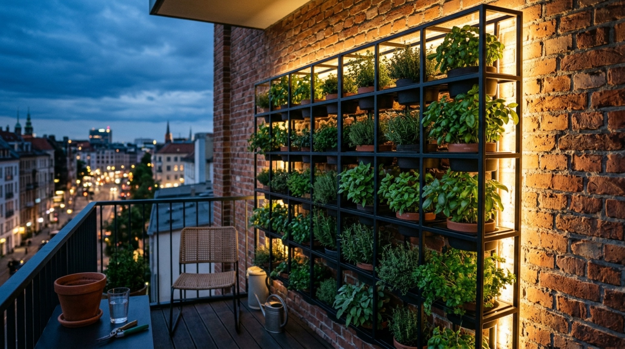 A vertical garden on an urban balcony featuring a modular black steel grid, trailing ivy, and 2700K LED grazing light for architectural depth. A vertical garden on an urban balcony featuring a modular black steel grid, trailing ivy, and 2700K LED grazing light for architectural depth.