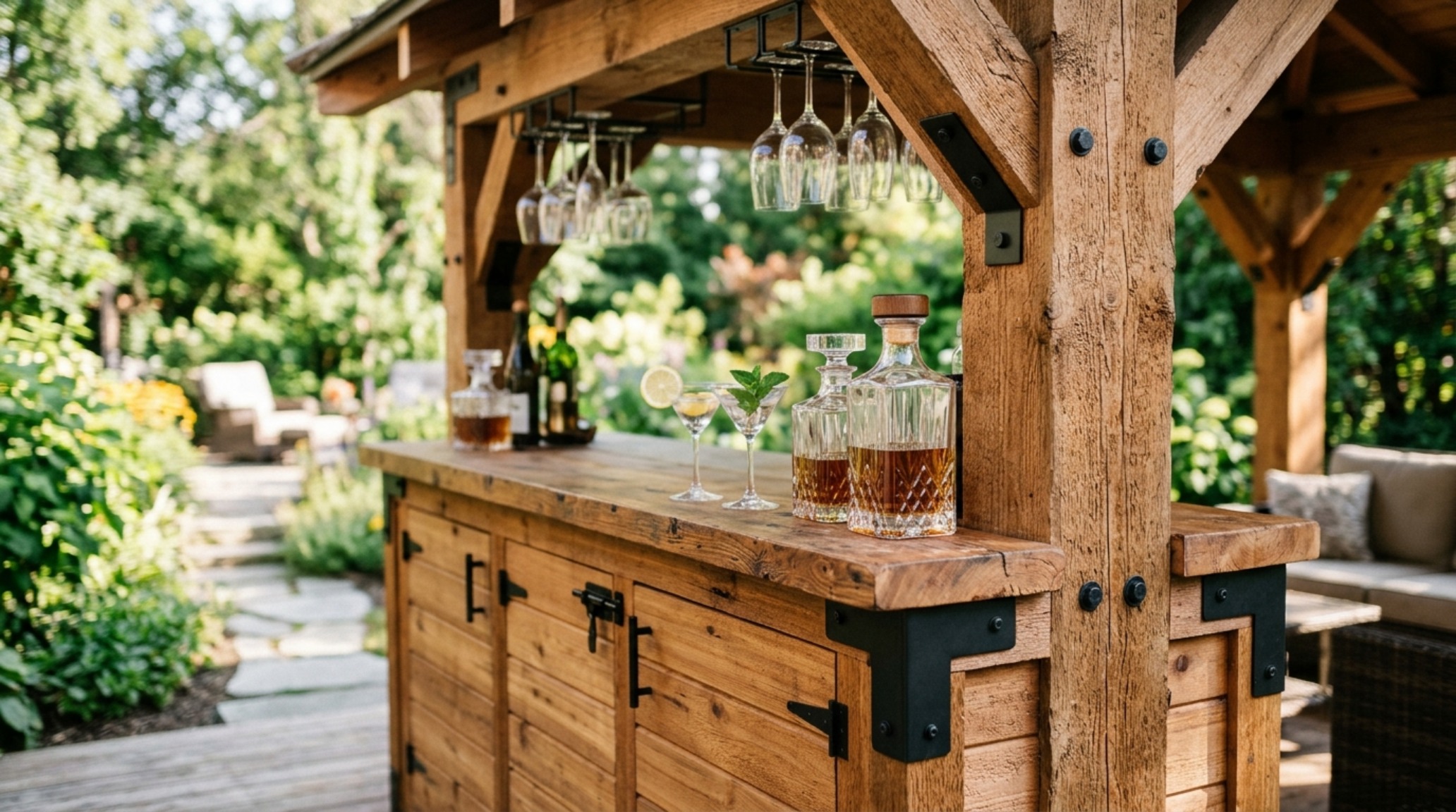 An integrated outdoor bar with hidden storage cabinets made of matching cedar wood, showcasing ergonomic 42-inch social height ledges. An integrated outdoor bar with hidden storage cabinets made of matching cedar wood, showcasing ergonomic 42-inch social height ledges.
