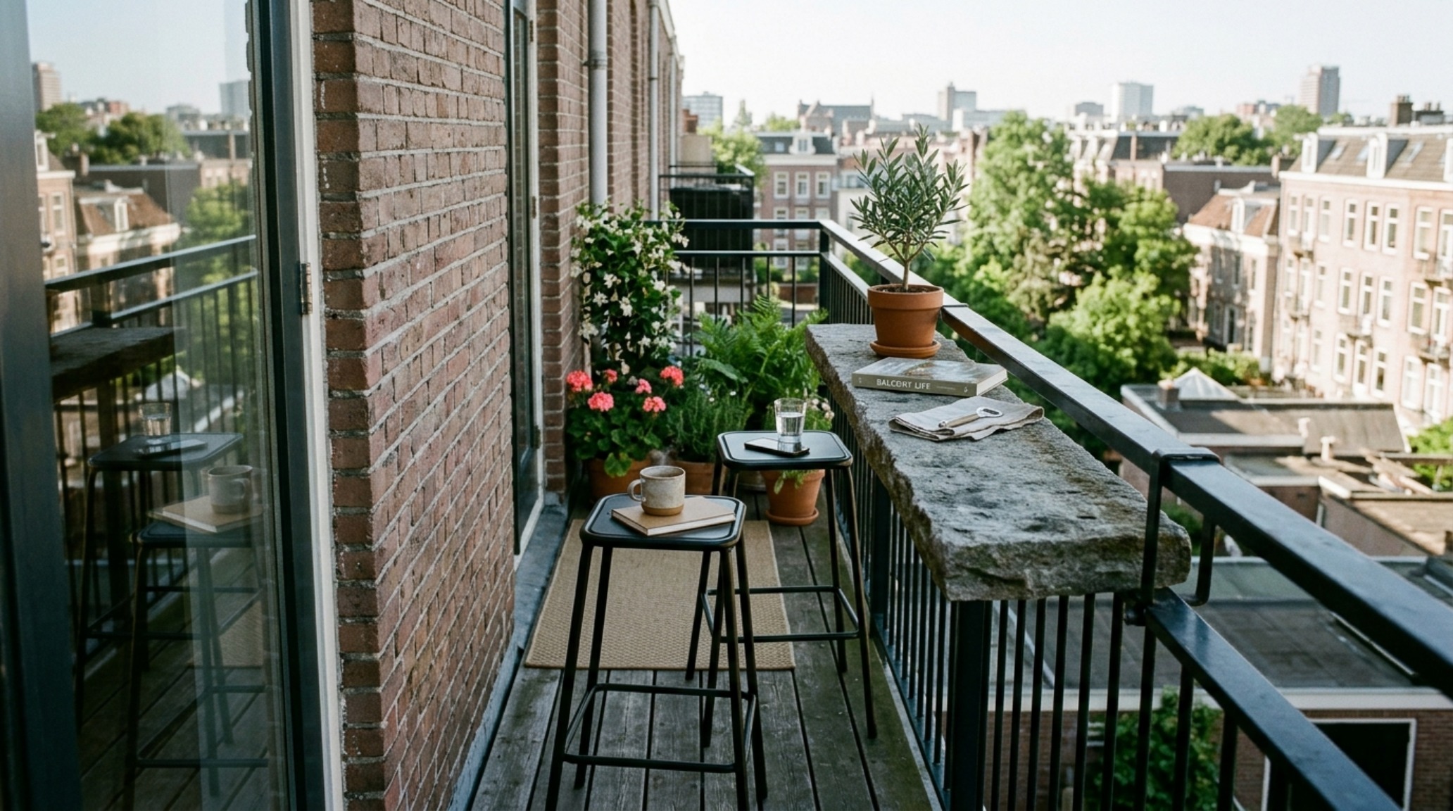 A sophisticated outdoor cocktail bar area with an 12-inch narrow ledge and 42-inch high bar stools, perfect for modern small apartment balcony ideas. A sophisticated outdoor cocktail bar area with an 12-inch narrow ledge and 42-inch high bar stools, perfect for modern small apartment balcony ideas.