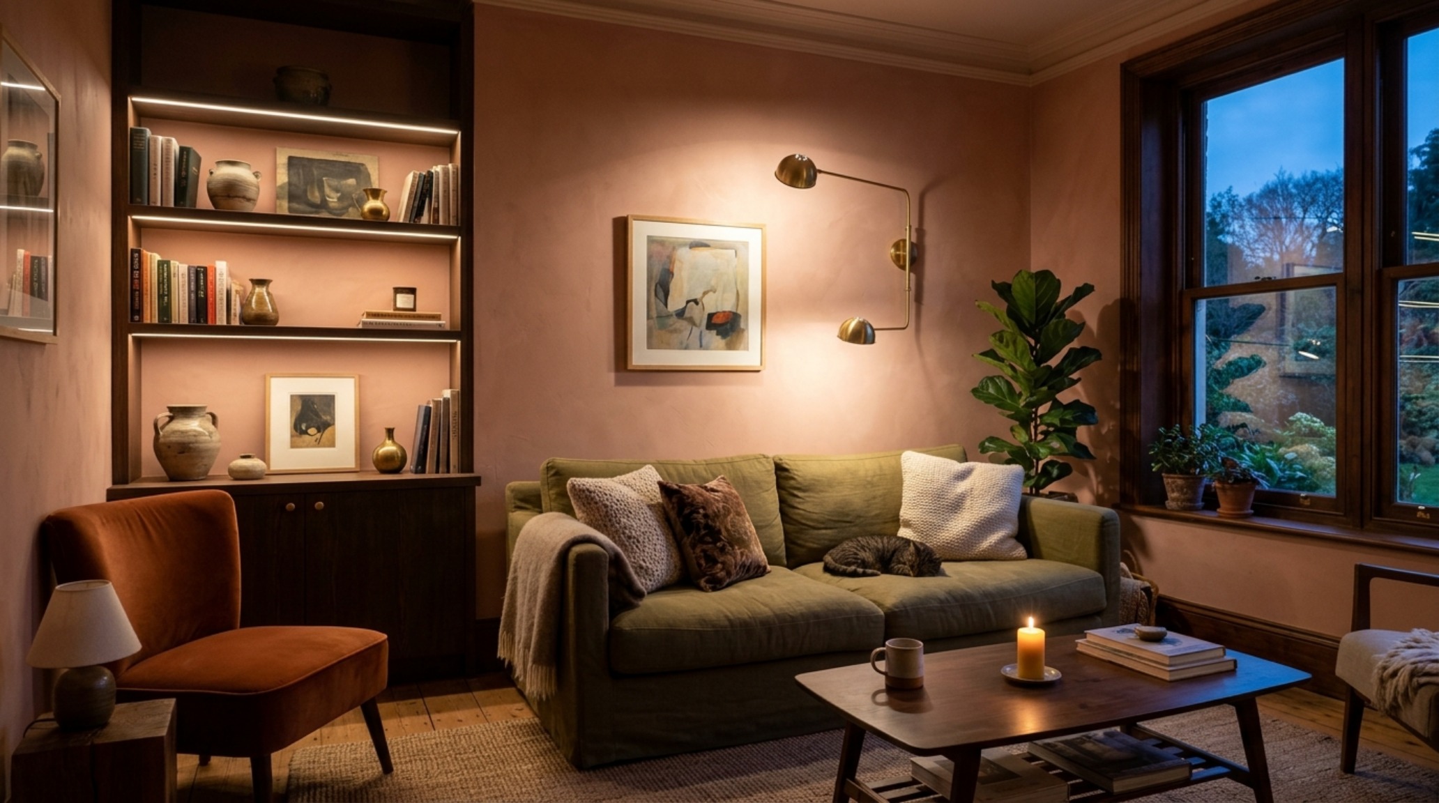 Sophisticated lighting arrangement featuring a high CRI 90+ pendant and 2700K warm sconces against a Farrow & Ball Setting Plaster limewash wall.