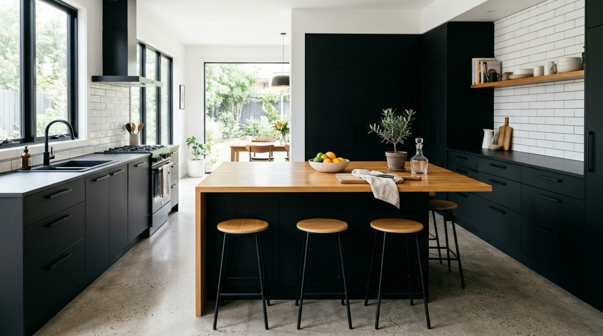 modern interior design advice ideas featuring an open-concept kitchen with a 42-inch aisle clearance and a multifunctional island in matte black and wood. modern interior design advice ideas featuring an open-concept kitchen with a 42-inch aisle clearance and a multifunctional island in matte black and wood.