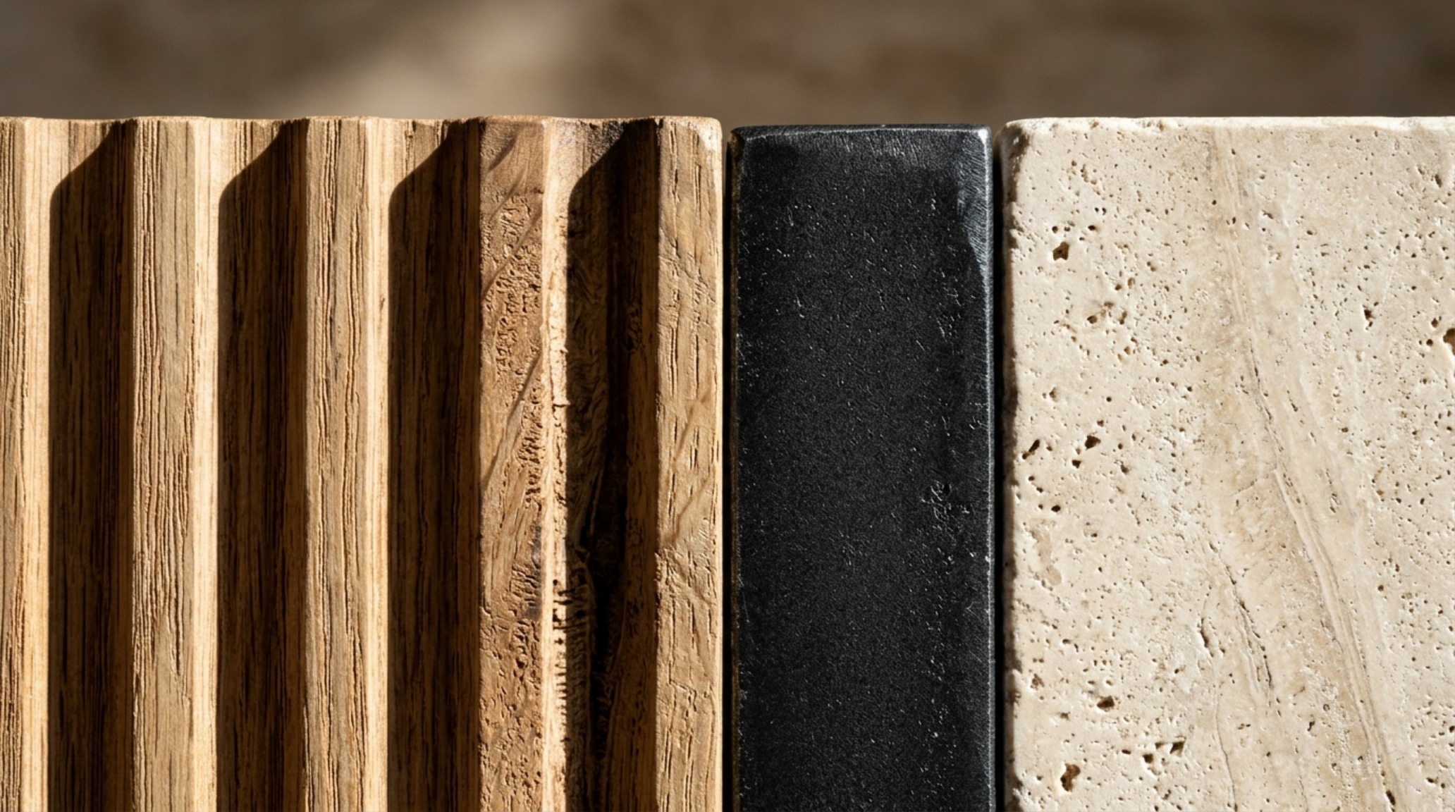 luxury modern design on a budget textures highlighting a close-up of fluted oak panels and a honed travertine side table. luxury modern design on a budget textures highlighting a close-up of fluted oak panels and a honed travertine side table.