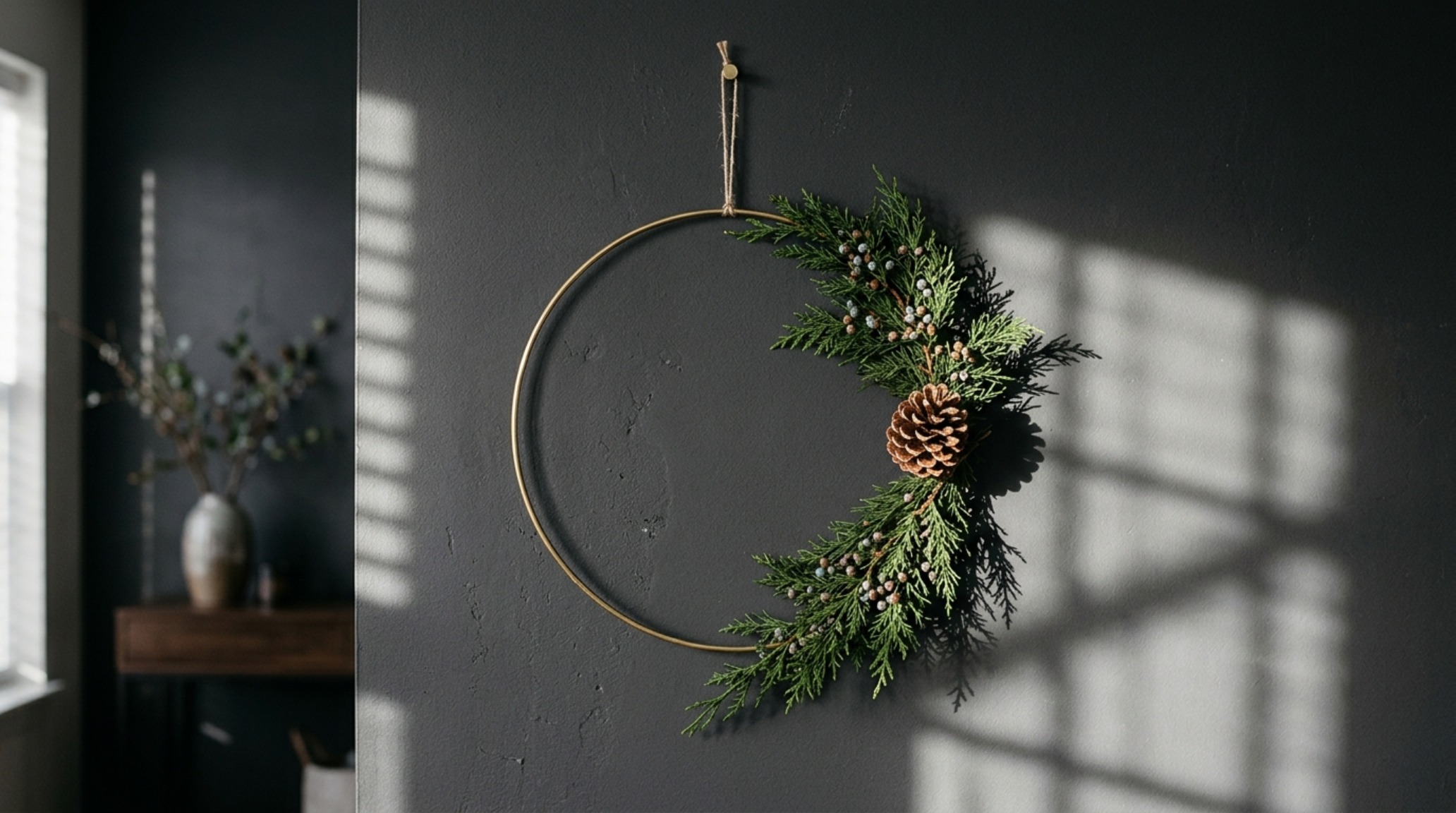 modern how to decorate christmas wreaths ideas showcasing an asymmetrical brass hoop design with sparse evergreen accents