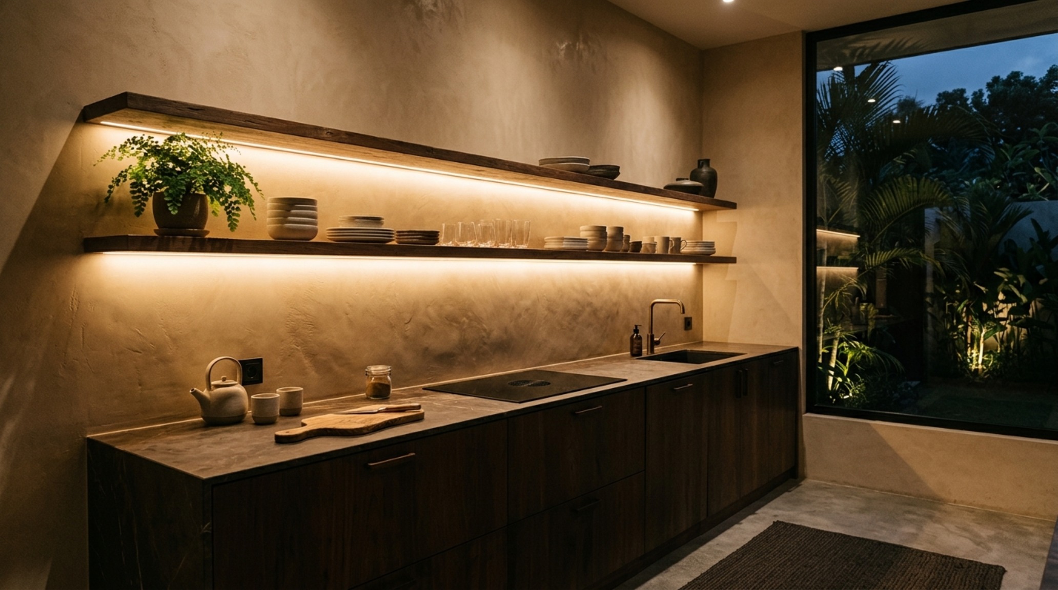 modern tropical architecture lighting guide illustrating recessed 2700K LED warm strips beneath floating kitchen shelves during twilight modern tropical architecture lighting guide illustrating recessed 2700K LED warm strips beneath floating kitchen shelves during twilight