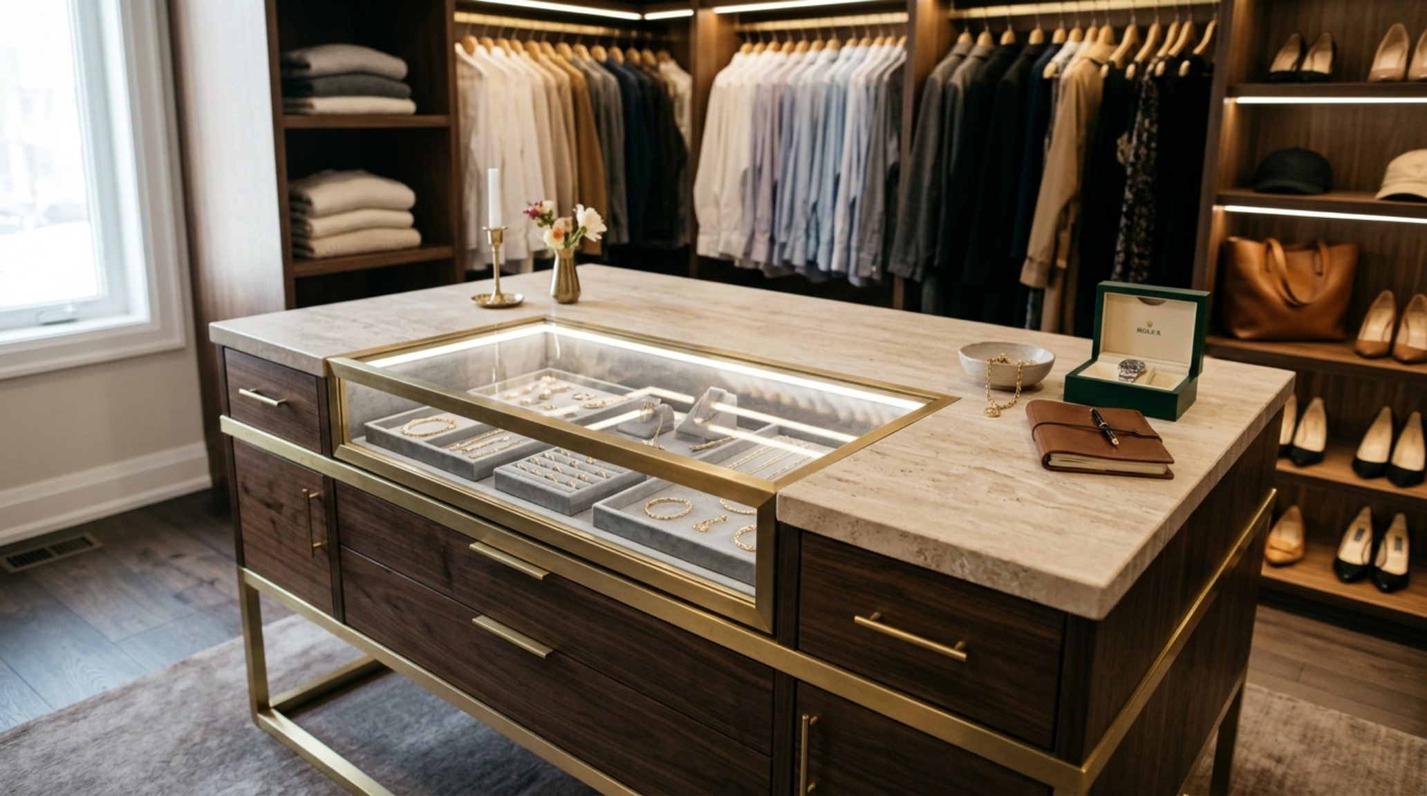 Modern walk in clothes closet ideas with integrated vanity desk and minimalist brass hardware for a multi-functional dressing room.