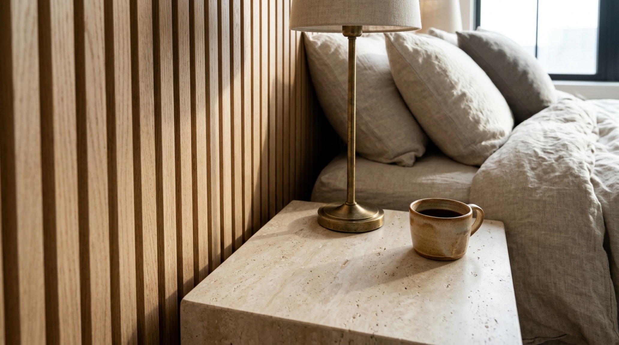 luxury loft bedroom design textures including a fluted wood wall panel and a honed travertine bedside ledge with linen bedding