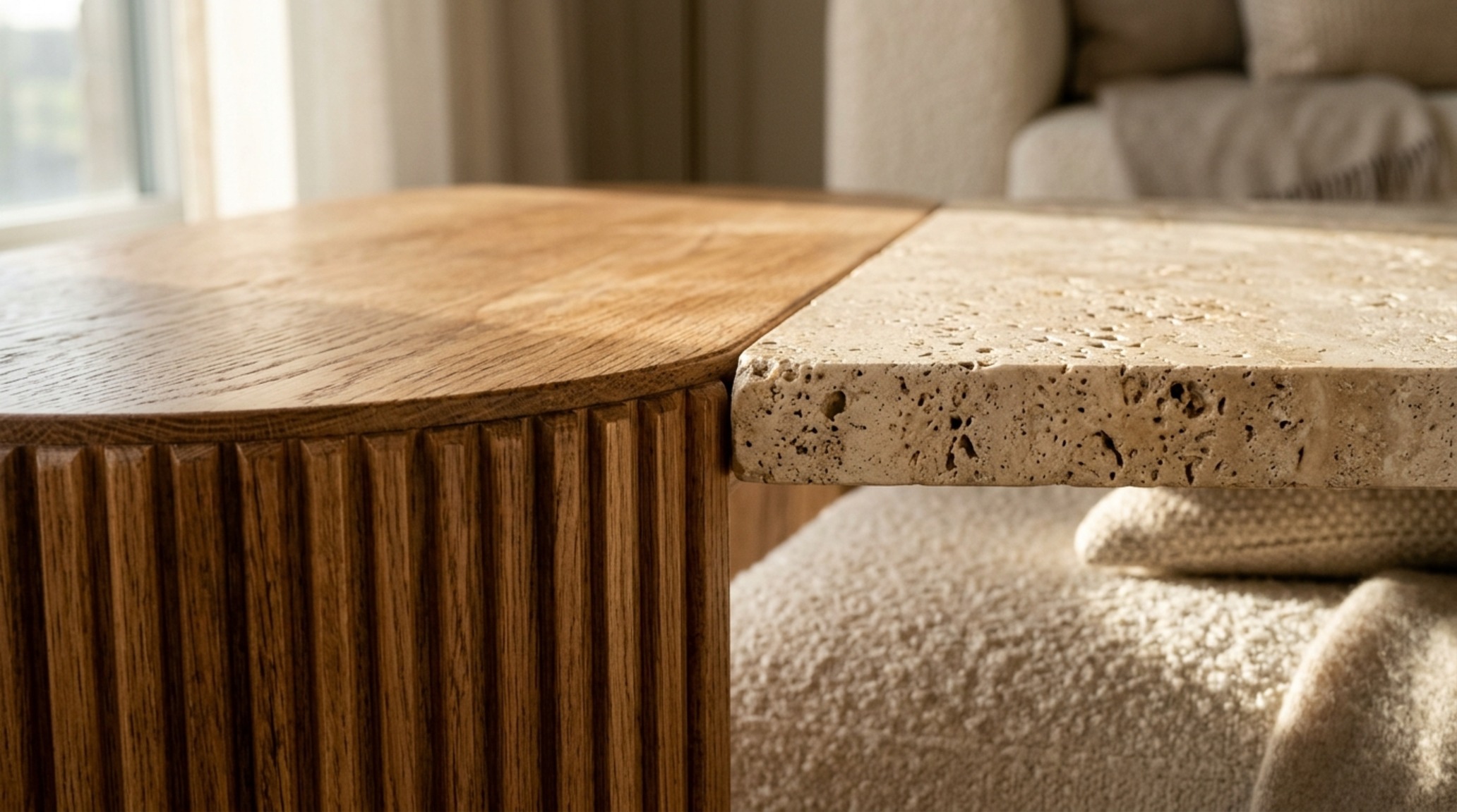 luxury luxury living room furniture sets textures showcasing a close-up of fluted white oak cabinetry and honed travertine surfaces