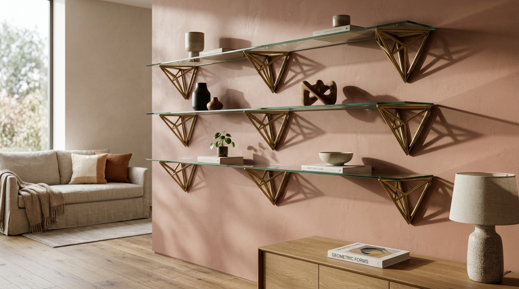 modern unusual shelf brackets ideas showcasing a series of geometric triangular brass supports creating a sculptural display for ceramic art in a living room