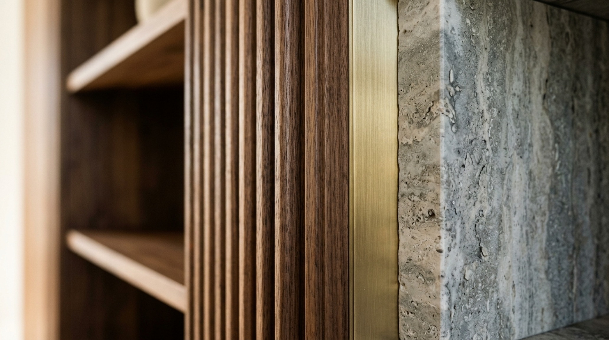 luxury 30 shelves textures showing a close-up of fluted walnut panels and honed travertine stone inserts with satin brass hardware for a high-end tactile finish.