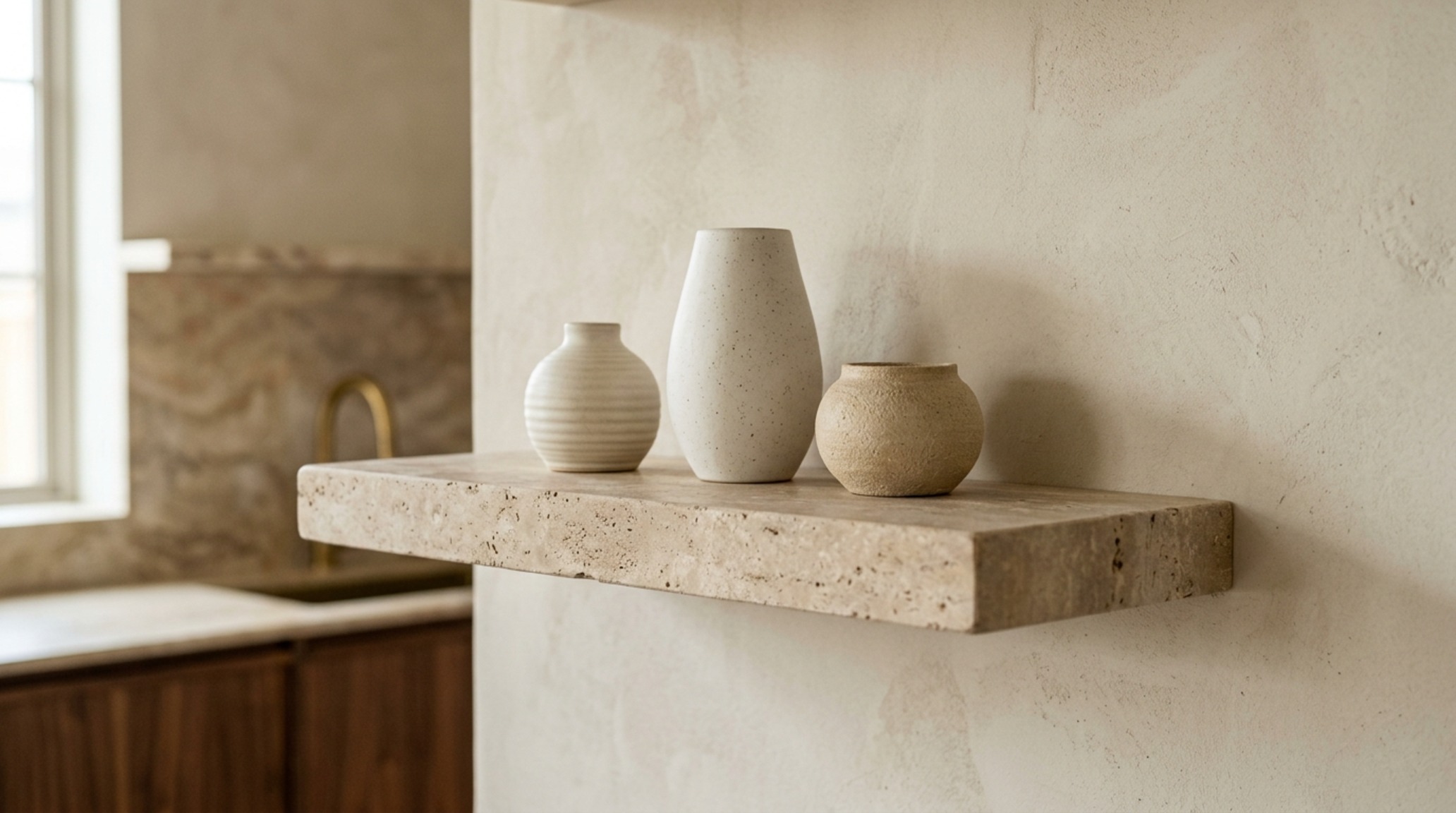 luxury modern kitchen wall decor textures highlighting a honed travertine floating ledge against a Venetian plaster wall. luxury modern kitchen wall decor textures highlighting a honed travertine floating ledge against a Venetian plaster wall.