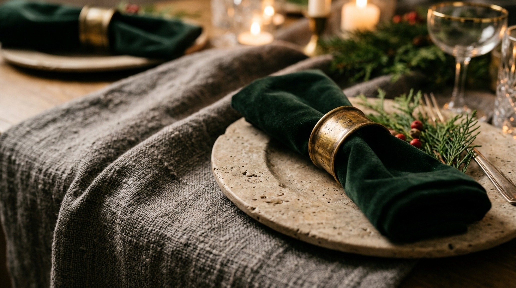 luxury table decorations for christmas textures highlighting the interplay between a heavy Belgian linen runner, sand-cast bronze napkin rings, and honed stone plates luxury table decorations for christmas textures highlighting the interplay between a heavy Belgian linen runner, sand-cast bronze napkin rings, and honed stone plates
