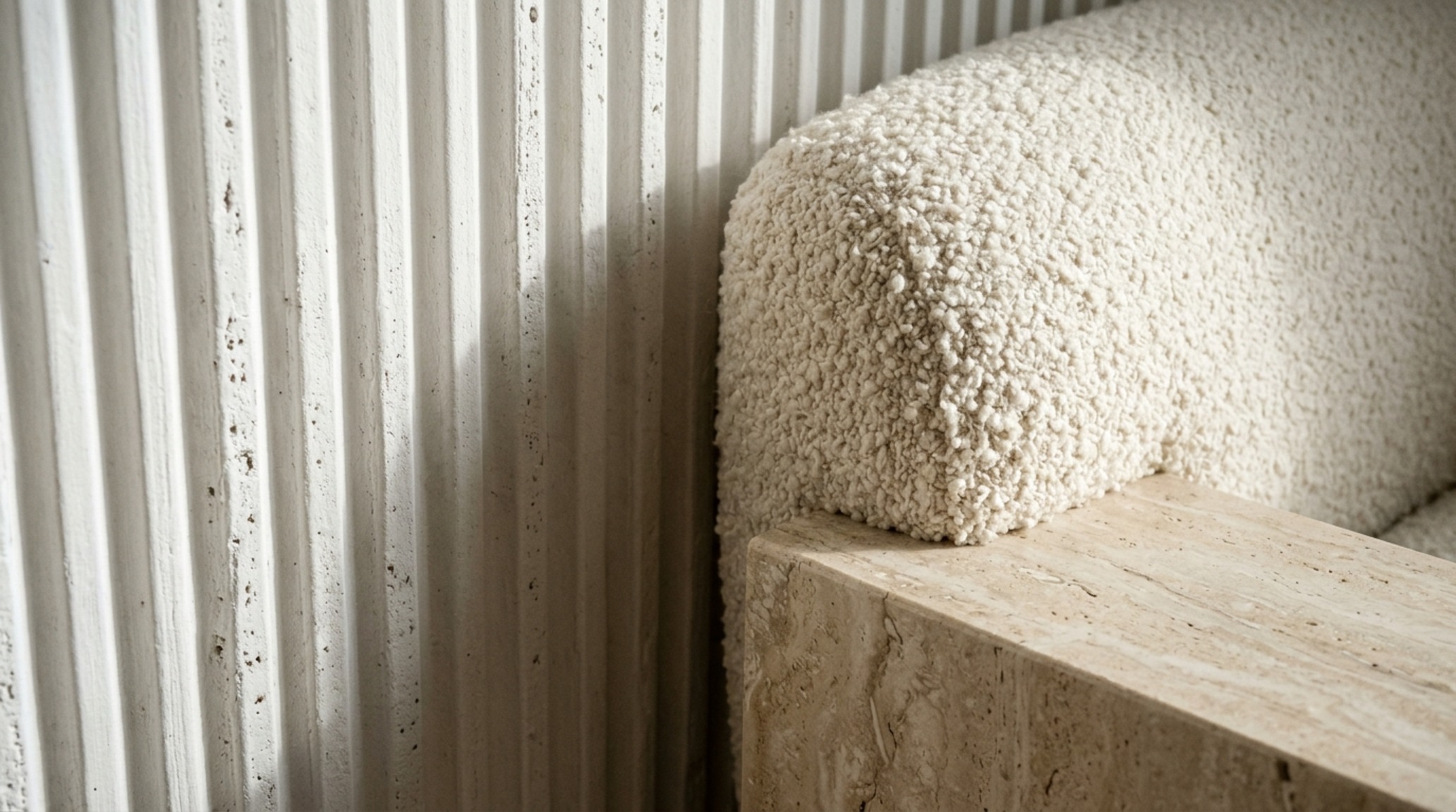luxury interior design advice textures illustrating the contrast between a fluted plaster wall and a heavy bouclé upholstered sofa in a monochromatic living room