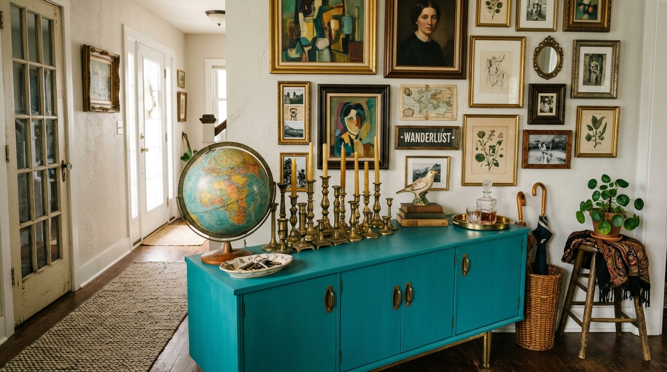 Eclectic entryway featuring a vintage painted console table and a gallery wall of assorted art.