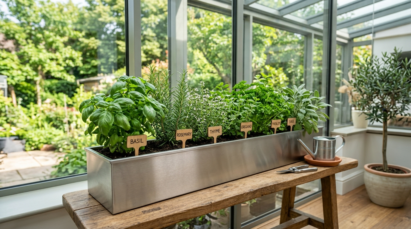 Integrated herb garden in a central patio, combining utility with greenery in a small apartment balcony ideas architecture plan.