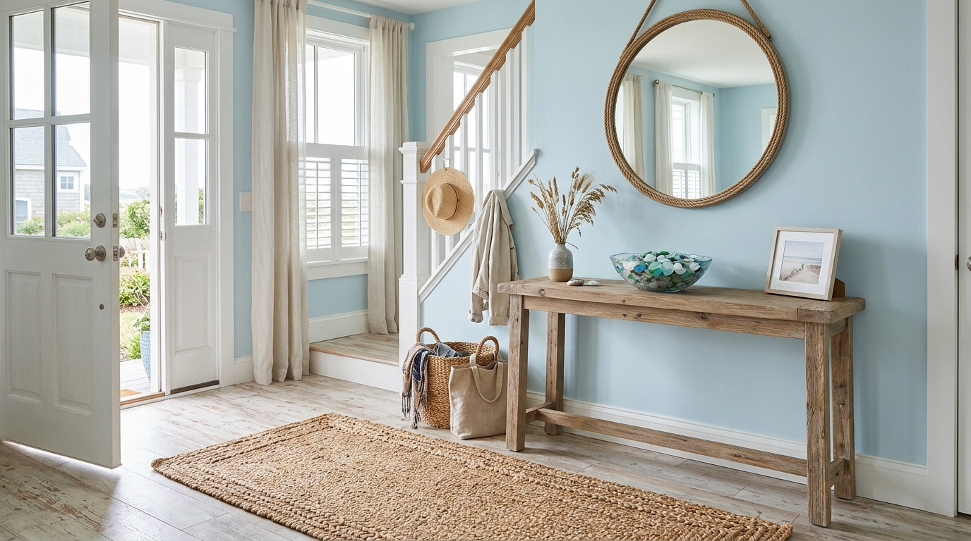 Coastal entryway ideas with a bleached wood console and nautical-inspired brass hardware.