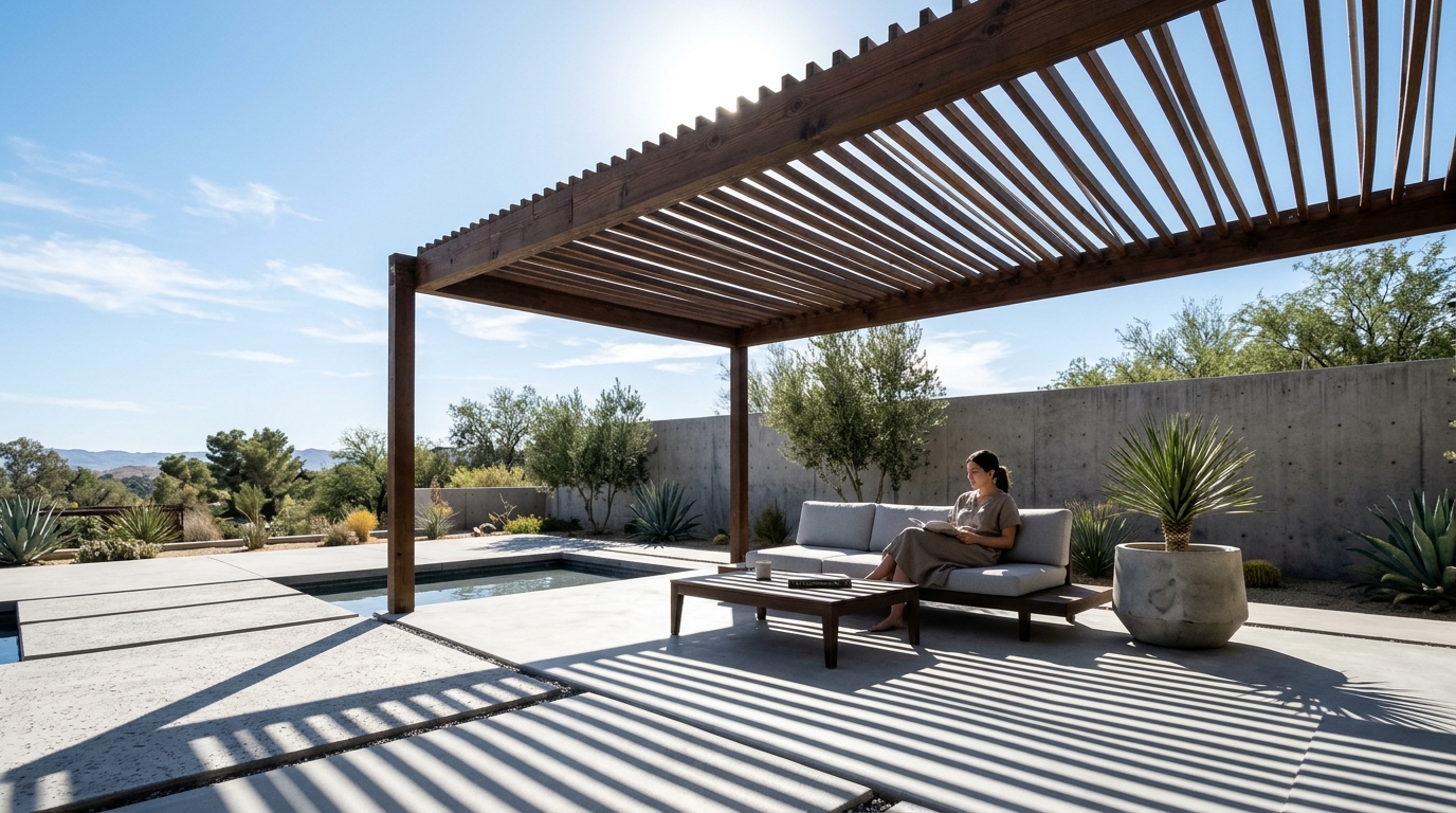 Natural sunlight filtering through a slatted timber pergola over a small patio, creating rhythmic shadow patterns.