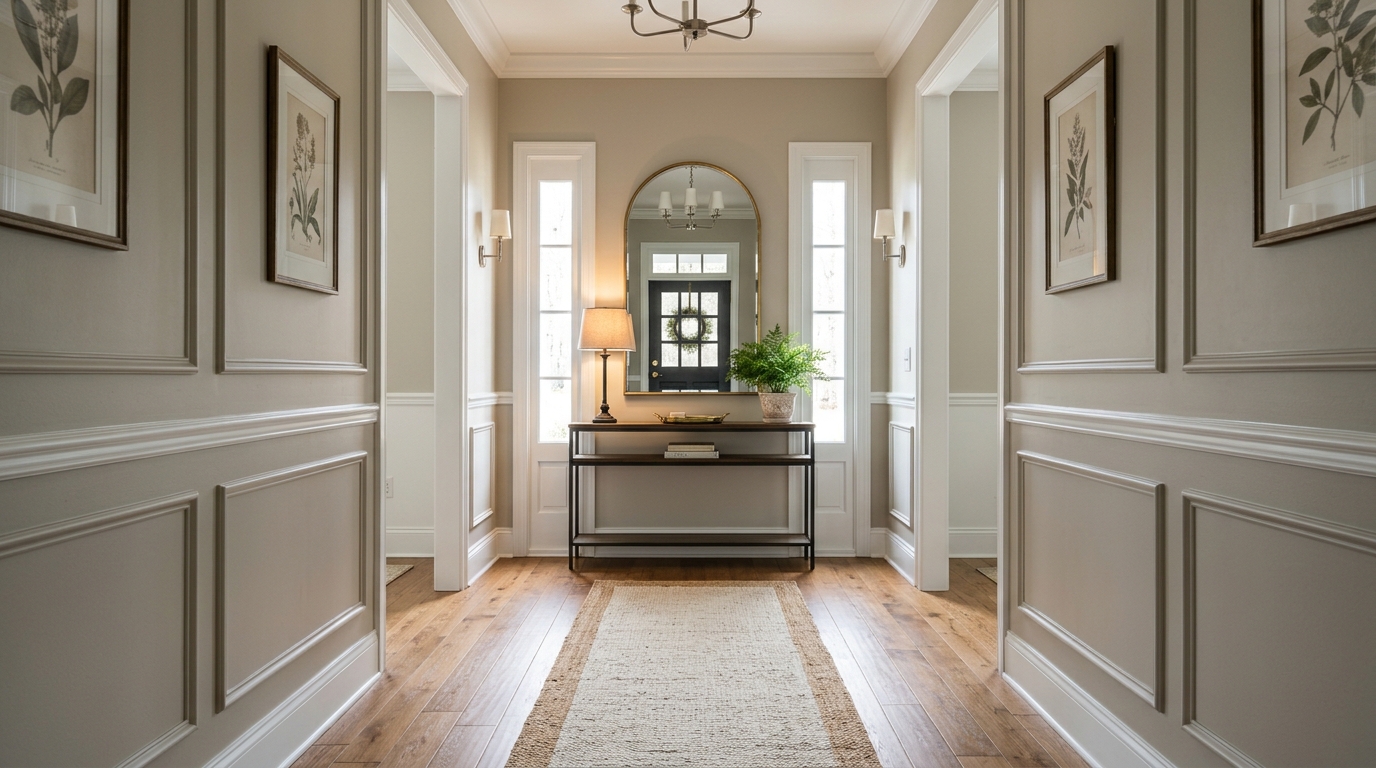 Final architectural reflection shot of a perfectly balanced narrow entryway with symmetrical styling.