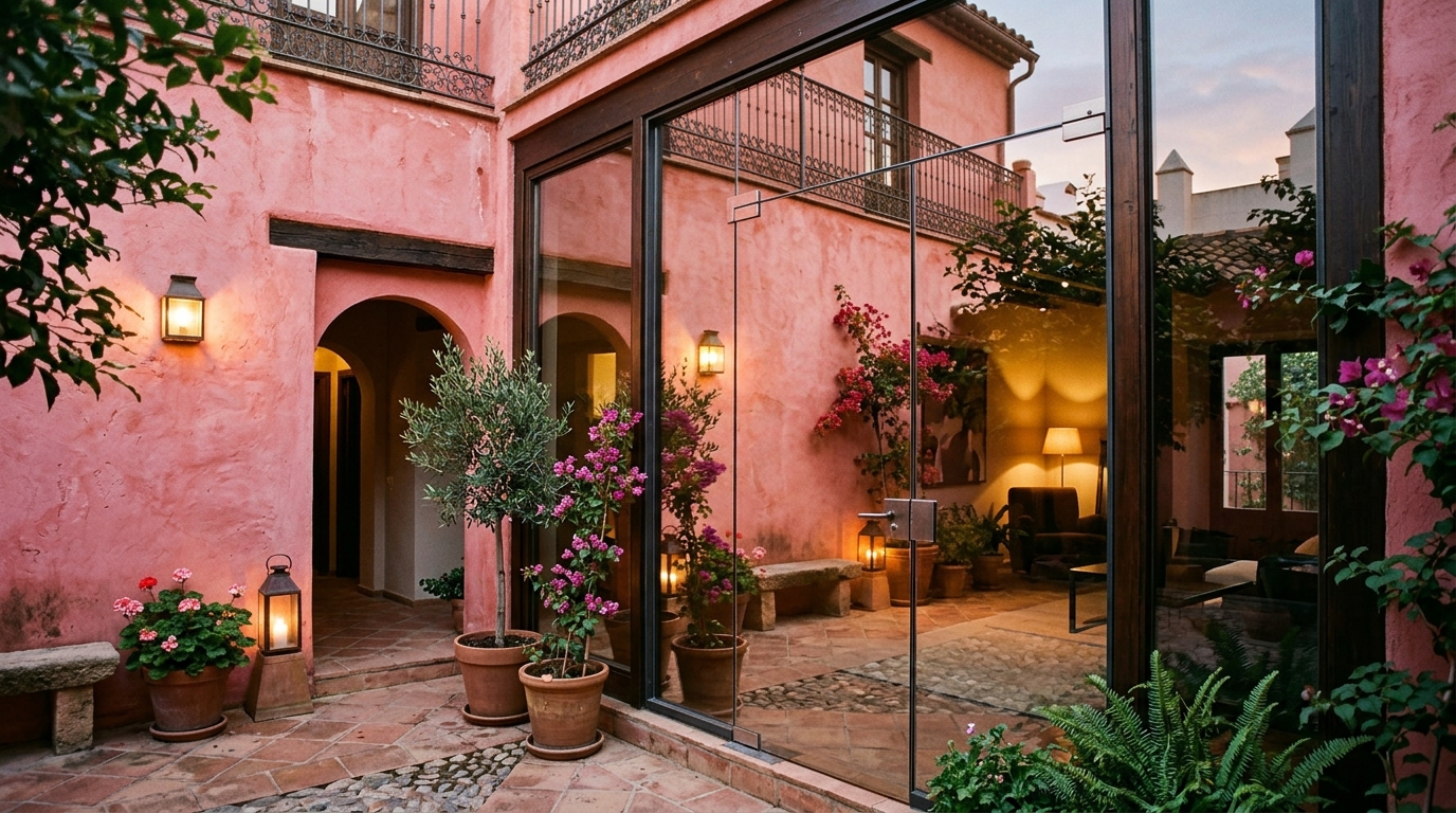 The use of Farrow & Ball Setting Plaster on a wall adjacent to a glass patio, providing a warm, earthy backdrop for small apartment balcony ideas.