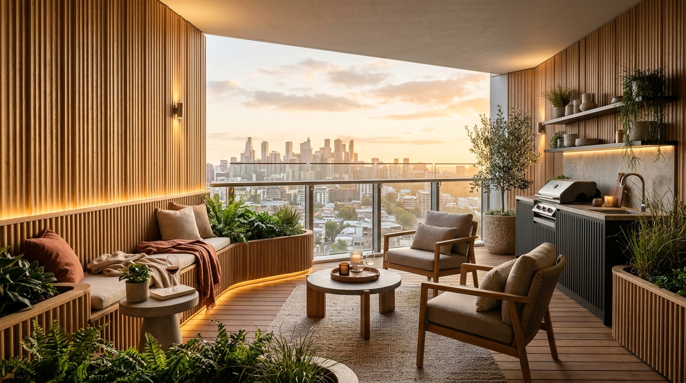 A final architectural reflection of a perfectly balanced balcony, blending form, function, and ergonomic mastery.