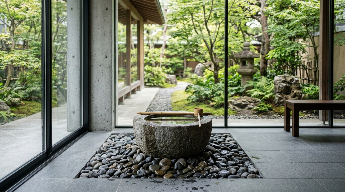 A minimalist water feature inside a glazed patio, adding sound and movement to the interior environment of a home glazed patio in center.