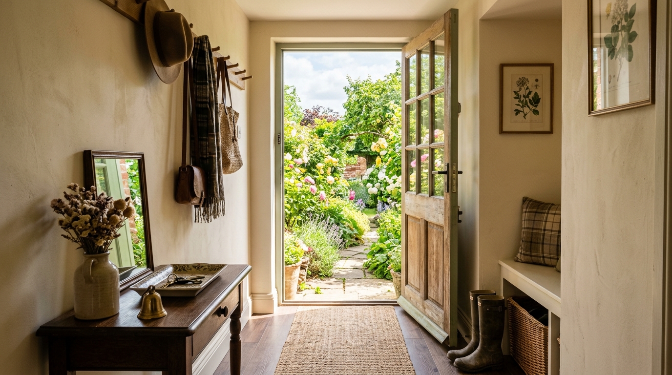 Final evocative shot of a sun-drenched entryway with the front door open, showing a perfectly organized and stylish narrow space.