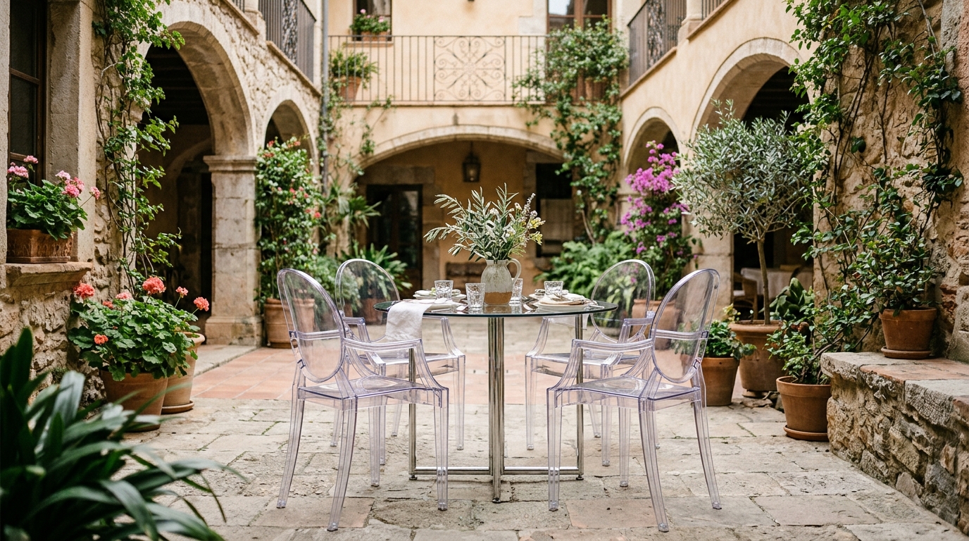 Furniture with transparent acrylic legs used in a patio to maintain visual openness and respect small apartment balcony ideas layout rules.