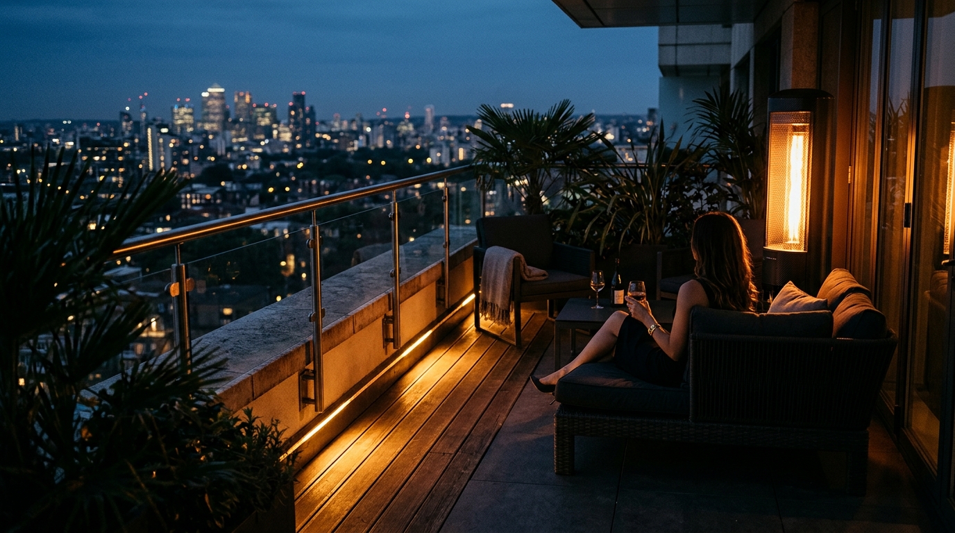 Dusk photography of a balcony with 2700K warm ambient lighting and the orange glow of a patio heater, part of a small apartment balcony ideas lighting guide.