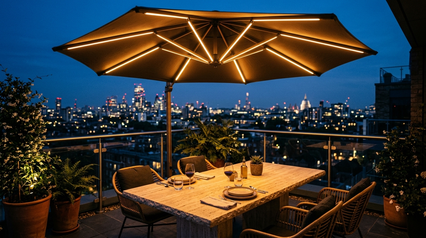 Evening atmospheric shot of a small balcony with 2700K warm lighting bouncing off the underside of a patio umbrella to create a soft, diffused glow.