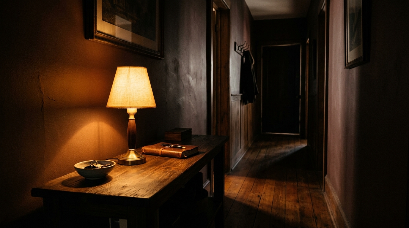 Atmospheric lighting guide visual showing a warm table lamp on a console creating soft shadow play.