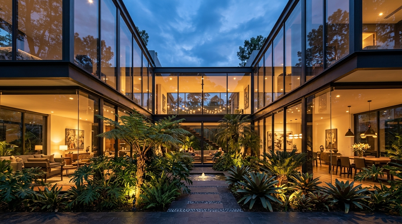 Atmospheric twilight view of a glazed patio illuminated with 2700K warm LED lighting and uplights on plants, following a professional small apartment balcony ideas lighting guide.