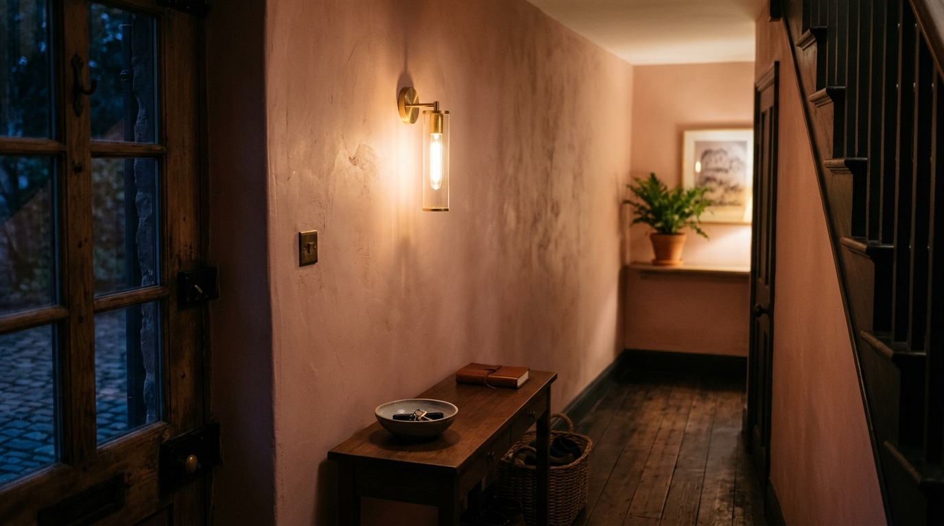 Soft evening lighting in a narrow hall showing a 2700K glow from a minimalist wall sconce reflecting off lime-washed walls. Soft evening lighting in a narrow hall showing a 2700K glow from a minimalist wall sconce reflecting off lime-washed walls.