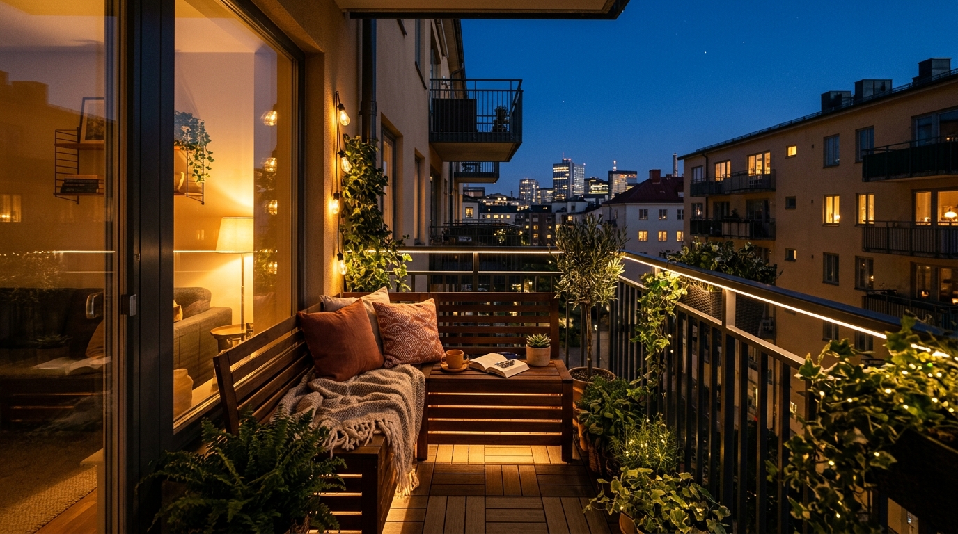 Evening atmospheric lighting on a balcony with 2700K warm LEDs and soft shadow play, demonstrating a comprehensive small apartment balcony ideas lighting guide.
