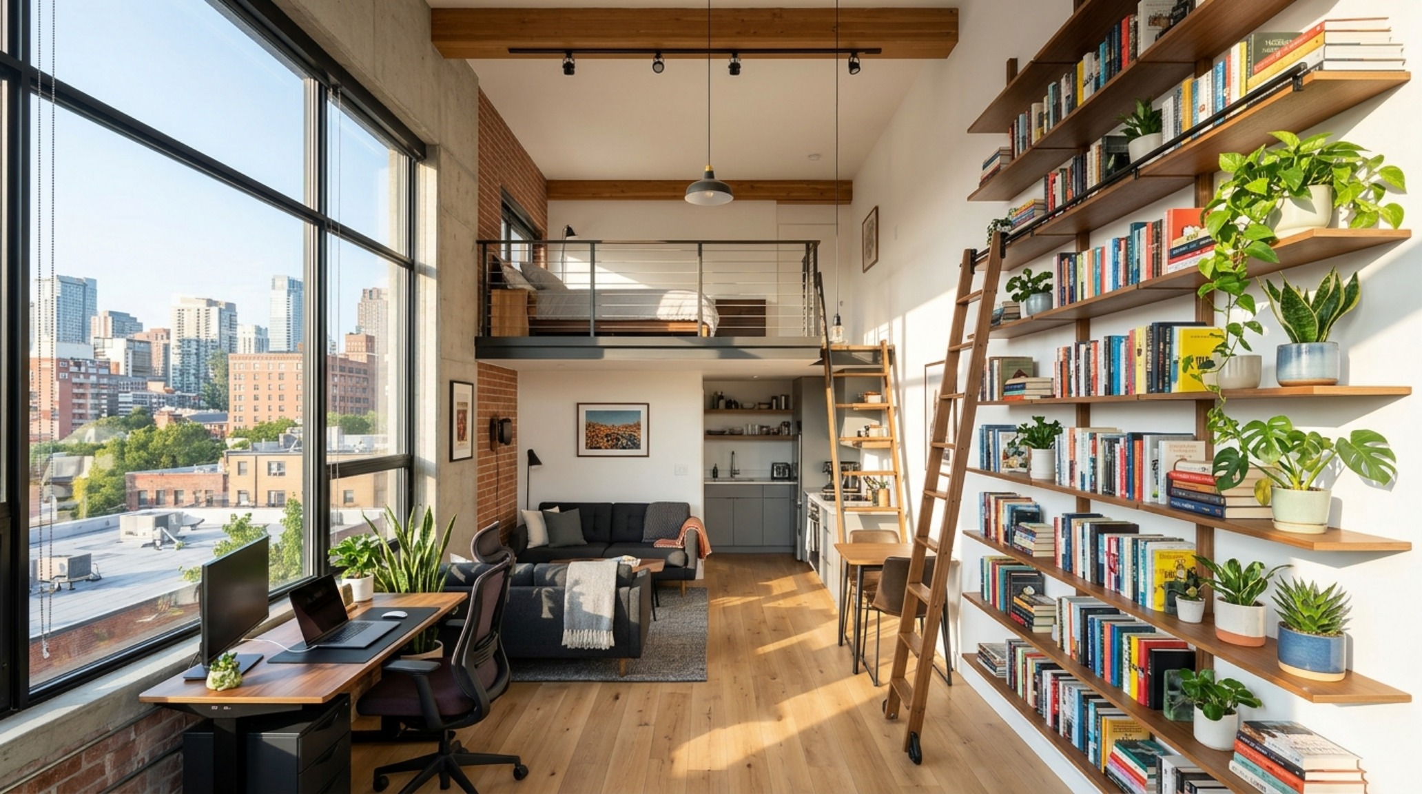 Modern living room floating shelves ideas layout in a compact studio apartment, using vertical stacking to maximize storage within a small architectural footprint. Modern living room floating shelves ideas layout in a compact studio apartment, using vertical stacking to maximize storage within a small architectural footprint.