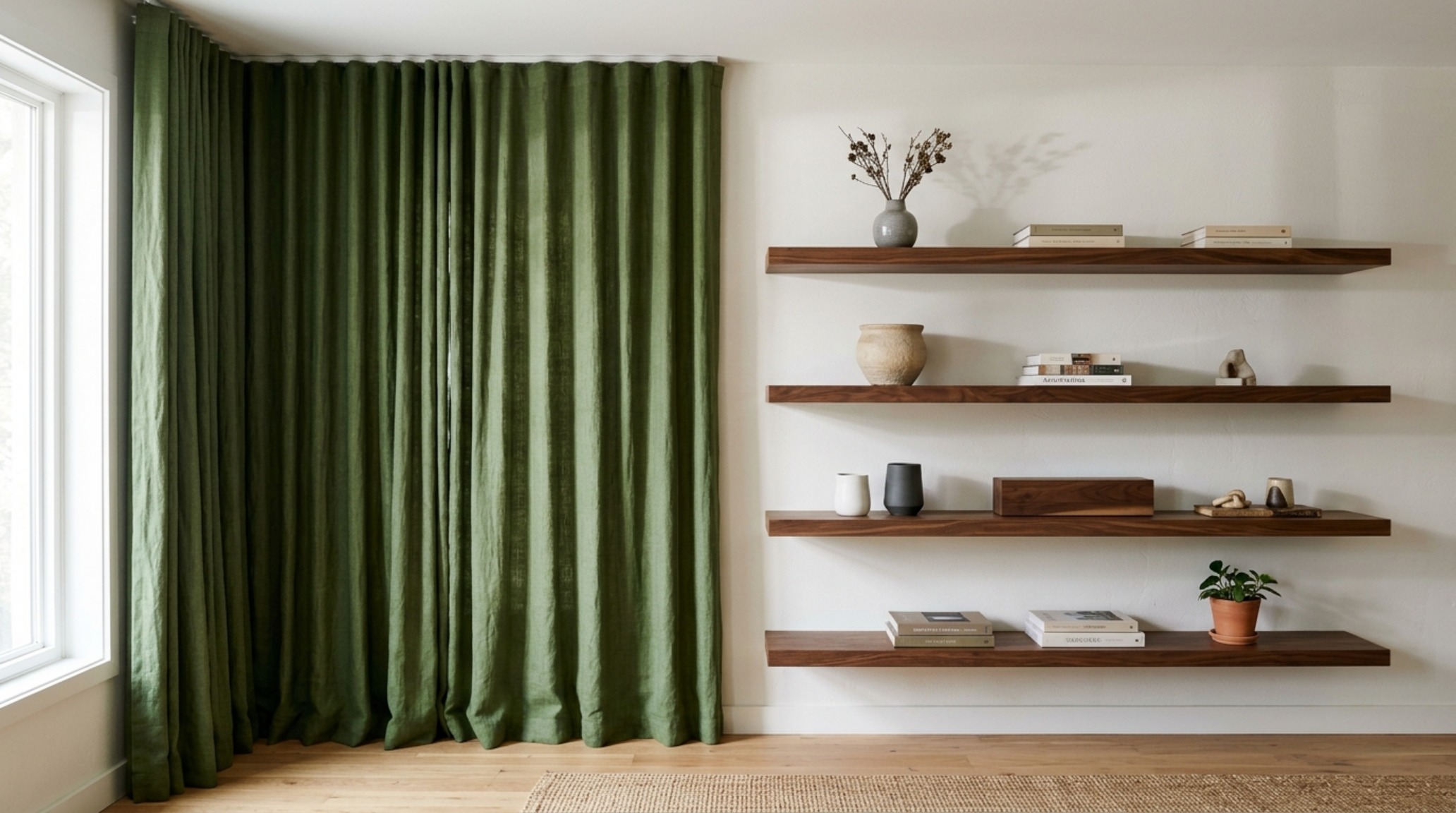 Vertical perspective of floor-to-ceiling sage green linen drapery and floating walnut shelves, emphasizing architectural height and organization. Vertical perspective of floor-to-ceiling sage green linen drapery and floating walnut shelves, emphasizing architectural height and organization.