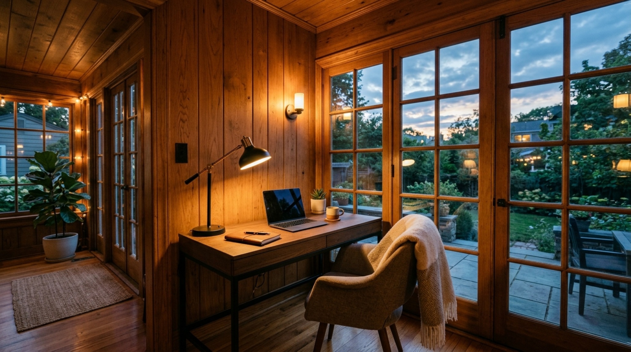 Atmospheric lighting design for an enclosed porch featuring layered 2700K sconces and task lighting over a small modular desk integrated into a wood-paneled wall.