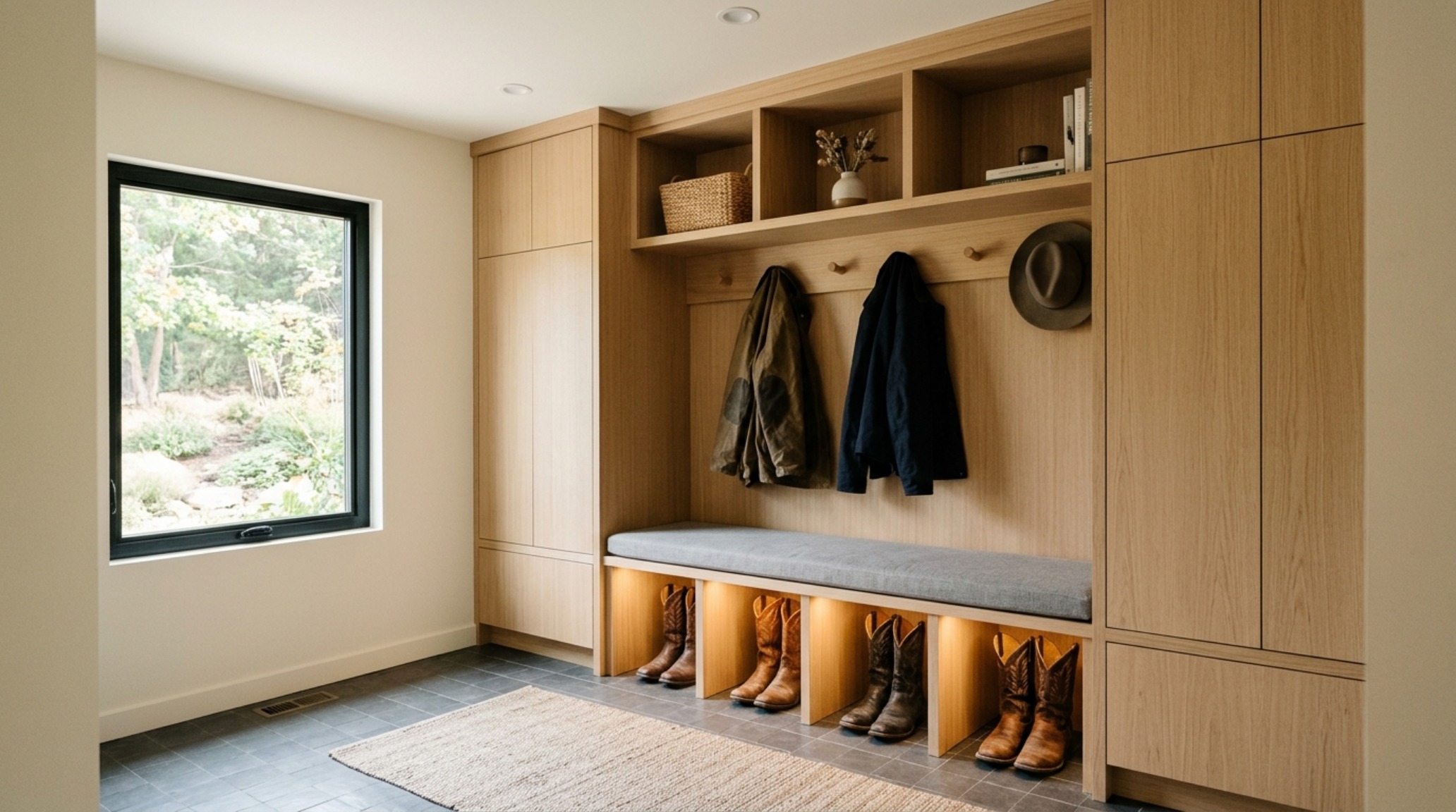 An organized entryway drop-zone featuring custom white oak cubbies for boots and hats, demonstrating coastal cowgirl design trend decor ideas ergonomics and hidden storage.