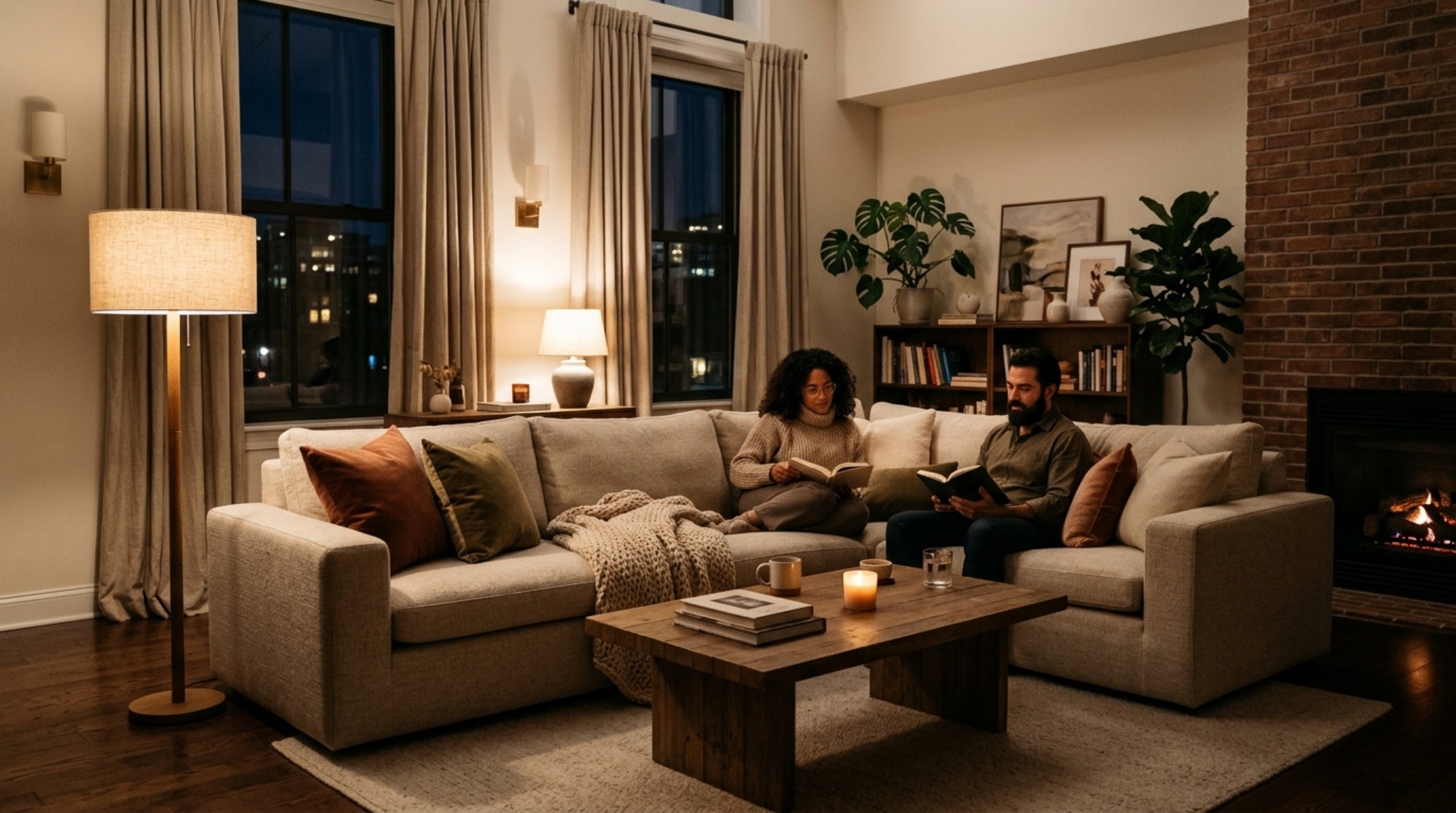 Evening interior photography of a cloud-style sofa under 2700K warm ambient lighting, highlighting the soft textures and High CRI 92+ illumination for th avenue black friday cloud couch decor ideas.