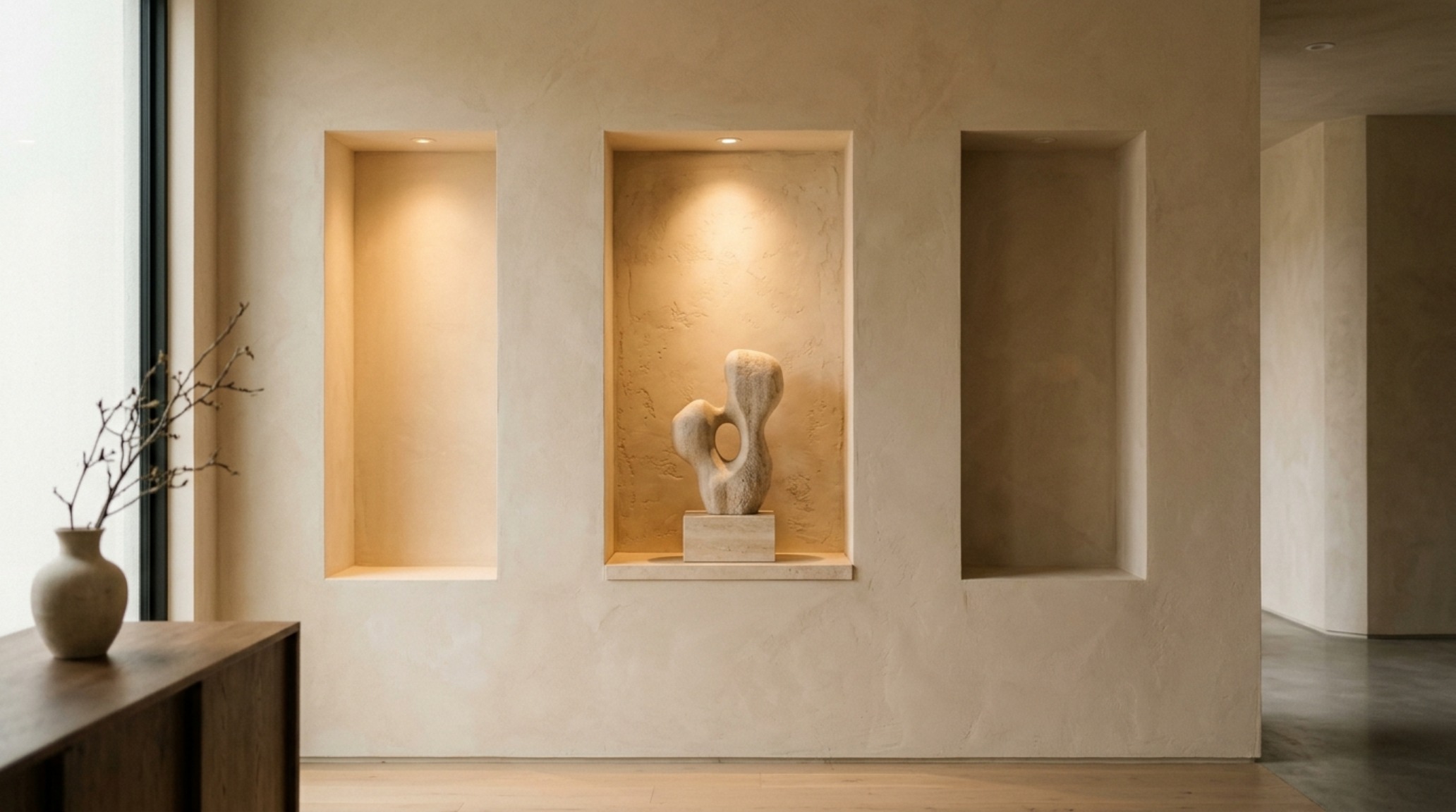 Integrated stone niches in a limewash wall displaying curated ceramic ornaments with warm 2700K diffused lighting. Integrated stone niches in a limewash wall displaying curated ceramic ornaments with warm 2700K diffused lighting.