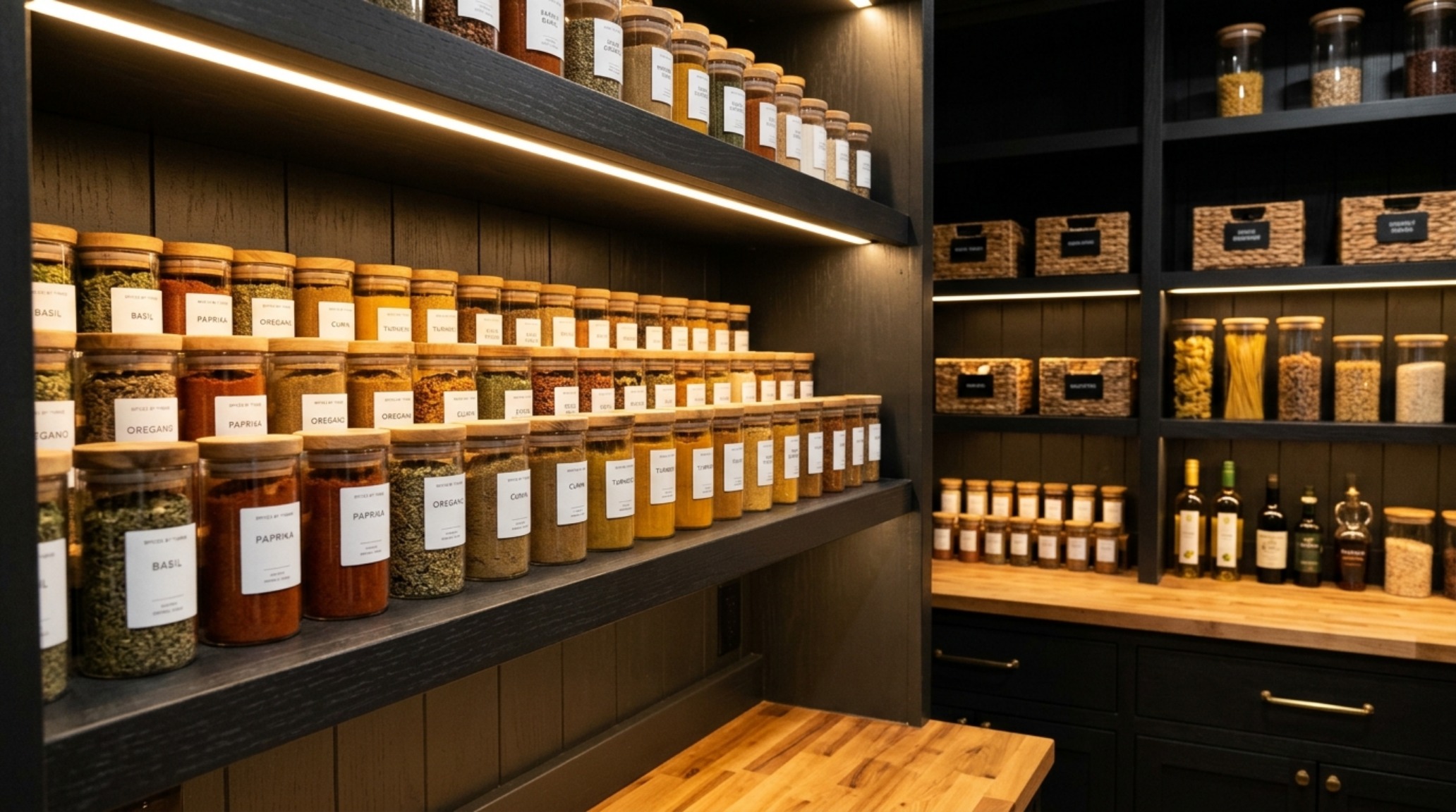 Detailed view of a small pantry organization ideas lighting guide implementation with warm 2700K LED strips illuminating marble backsplashes.