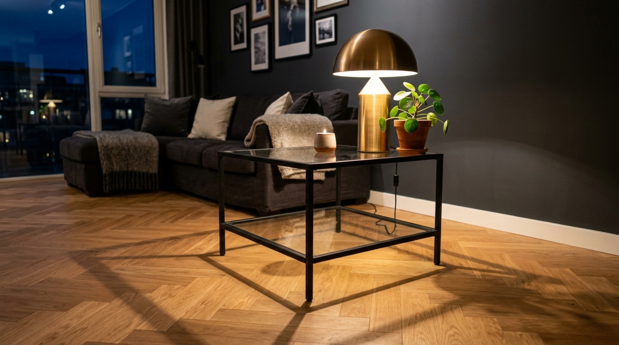 Soft evening lighting highlighting the ikea vittsjoe side table for small decor ideas with a 2700K warm bulb casting geometric shadows.