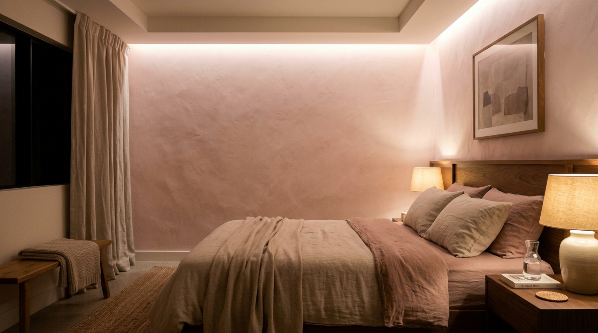 Atmospheric bedroom lighting featuring 2700K warmth and high CRI 90+ ratings to enhance subtle barbie movie dreamhouse pink paint shortage decor ideas.