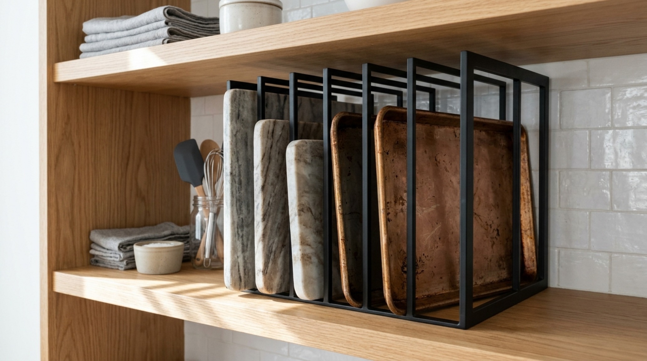 Vertical storage solution for baking sheets and cutting boards using slim metal dividers within a specialized small pantry organization ideas layout.