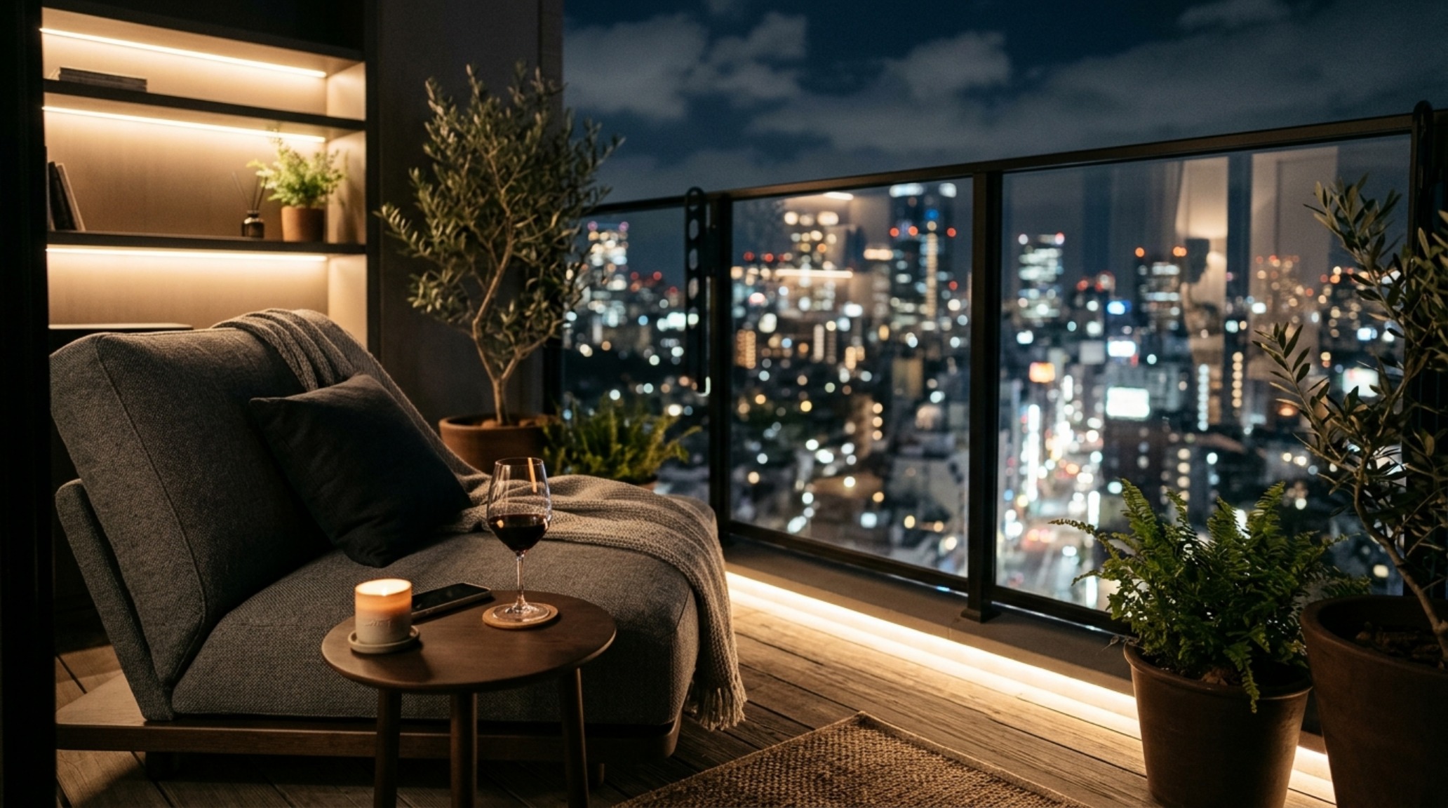 Evening shot of a luxury small balcony with dimmable warm lighting, a low-profile outdoor rug, and a clear sightline to the city skyline. Evening shot of a luxury small balcony with dimmable warm lighting, a low-profile outdoor rug, and a clear sightline to the city skyline.