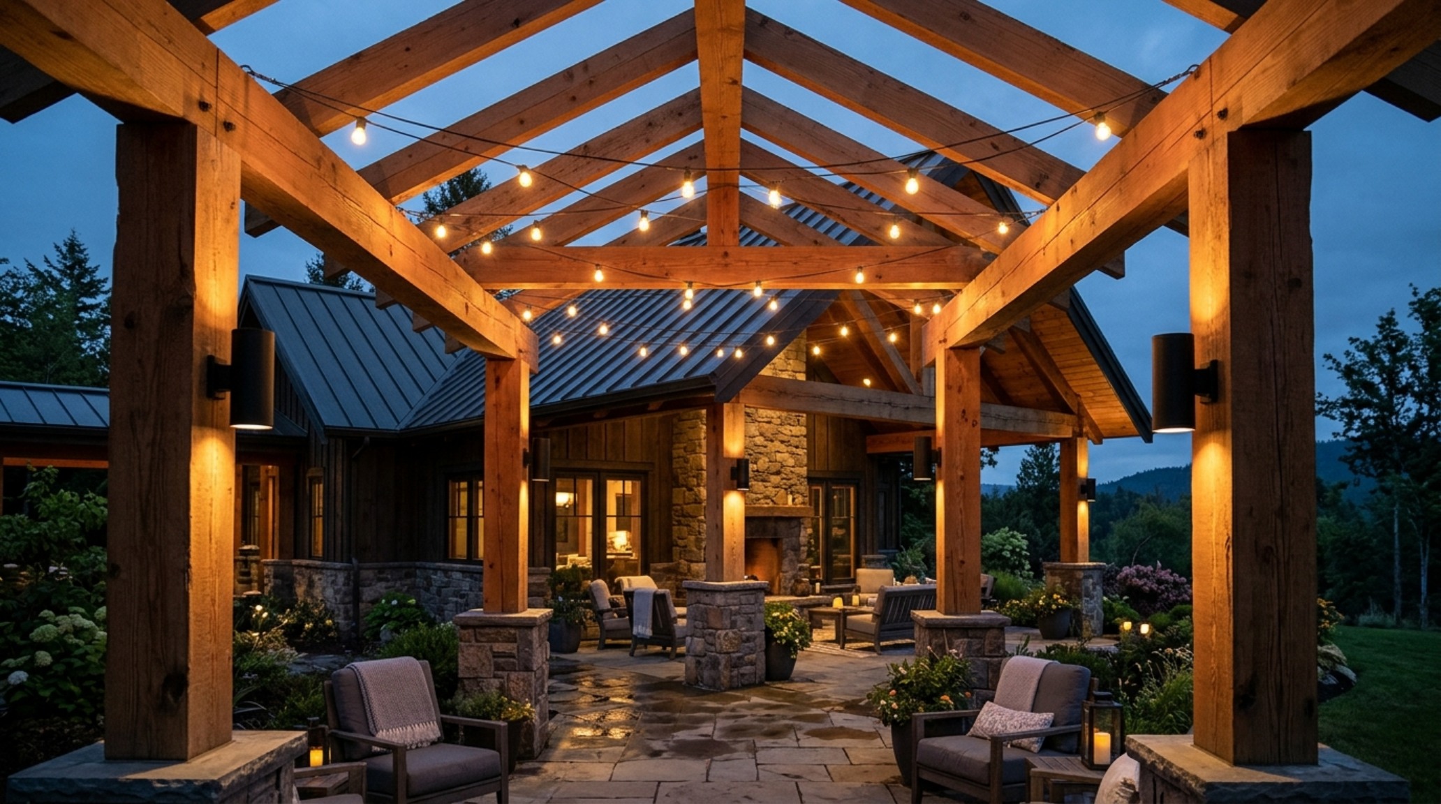 Warm 2700K ambient string lighting and matte black architectural sconces illuminating a coastal-themed Costco party porch at dusk. Warm 2700K ambient string lighting and matte black architectural sconces illuminating a coastal-themed Costco party porch at dusk.