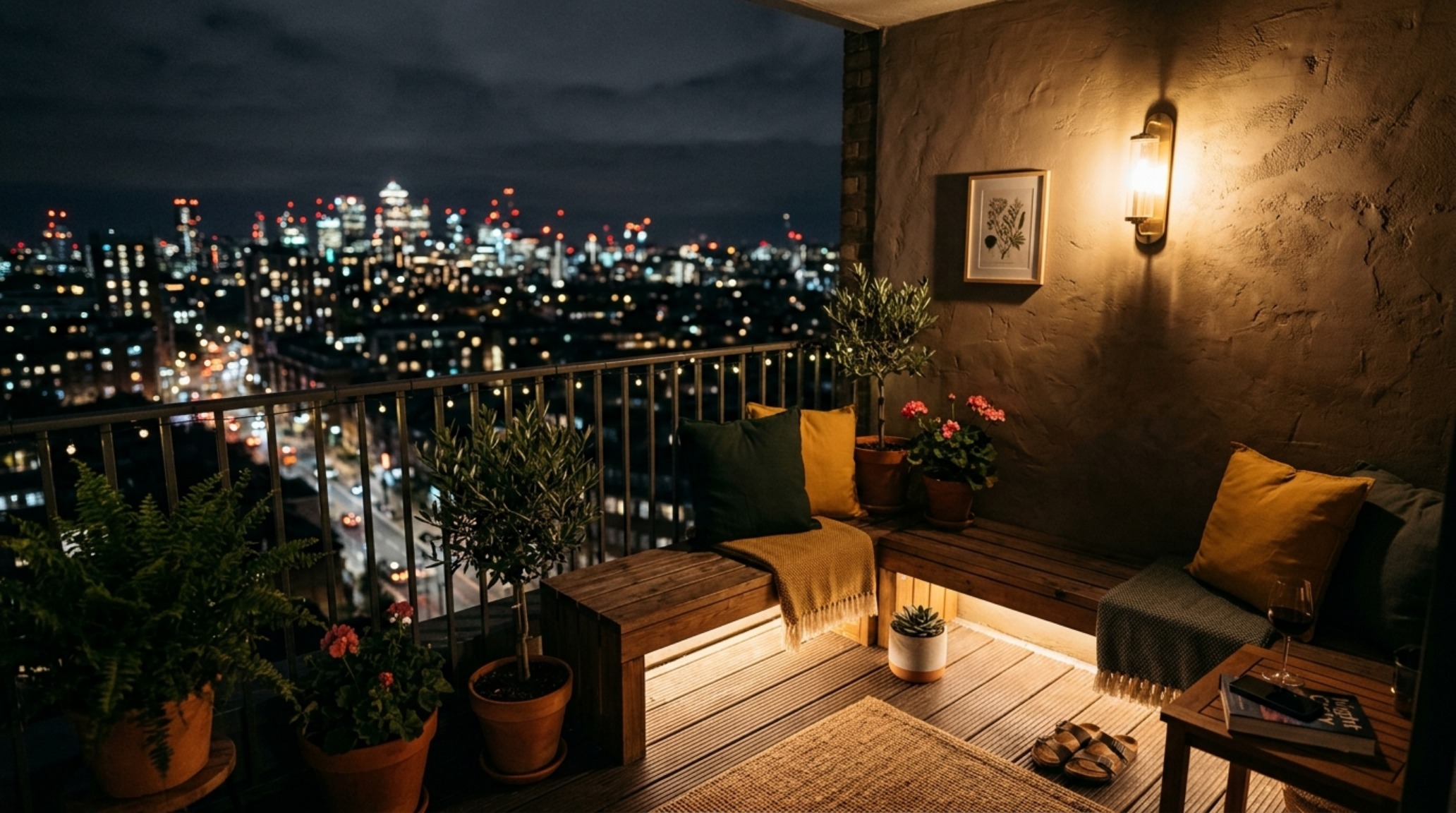 Twilight view of an urban terrace with 2700K warm LED under-bench lighting and high CRI sconces highlighting textured limewash walls. Twilight view of an urban terrace with 2700K warm LED under-bench lighting and high CRI sconces highlighting textured limewash walls.