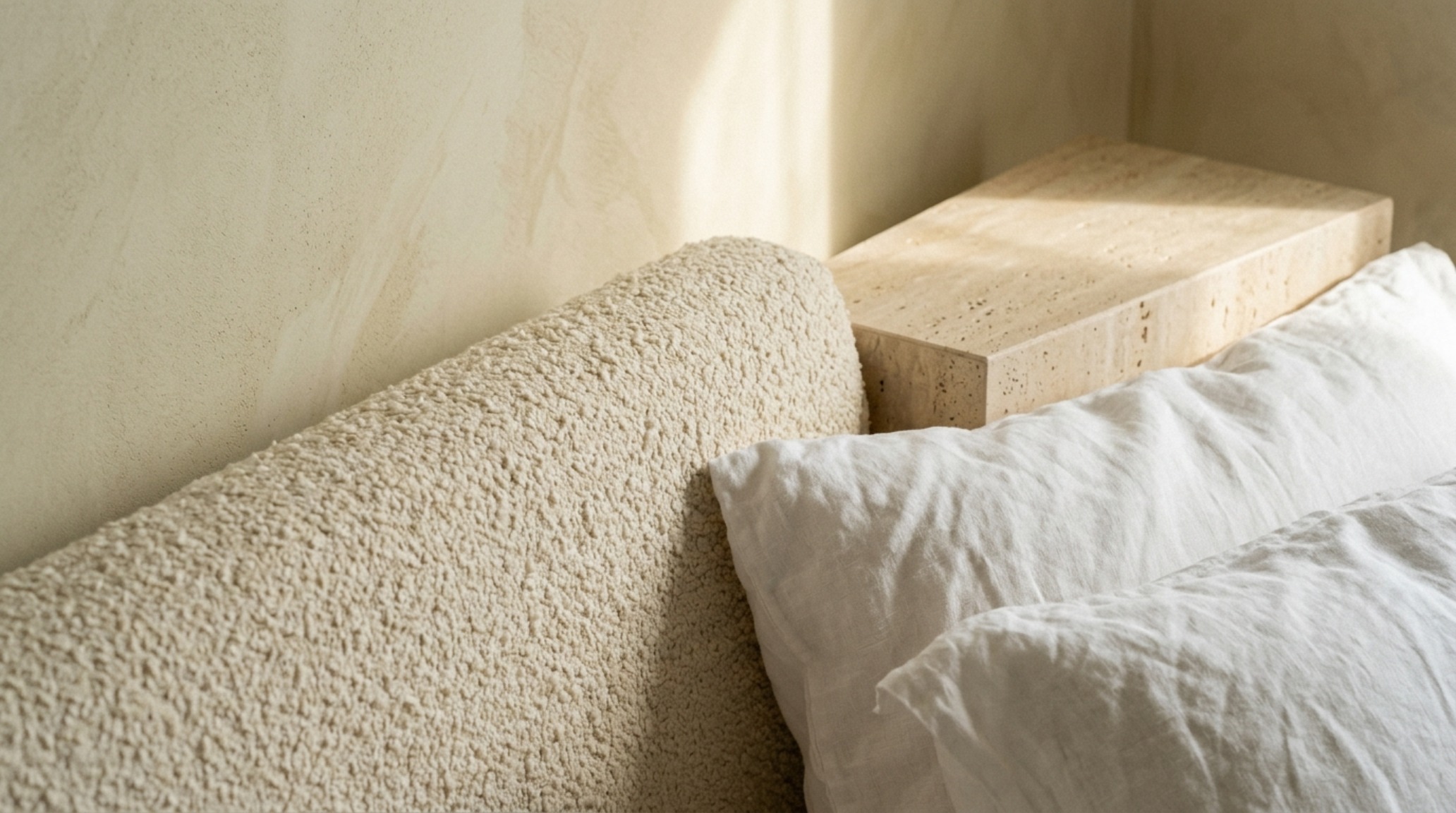 luxury bright bedroom color ideas textures showcasing a close-up of Belgian linen bedding against a matte lime-wash plaster wall luxury bright bedroom color ideas textures showcasing a close-up of Belgian linen bedding against a matte lime-wash plaster wall