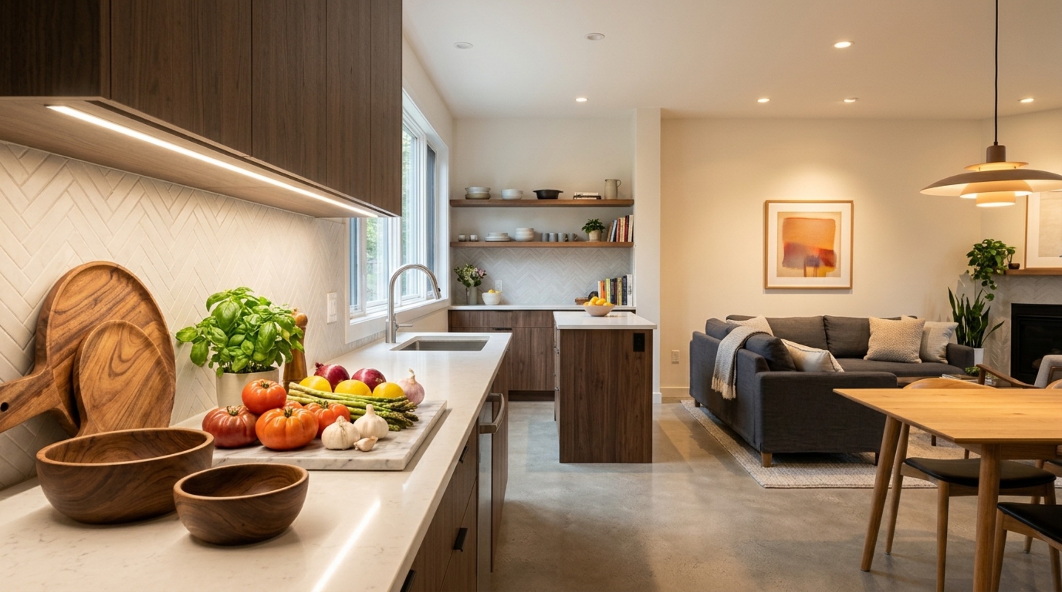modern design on a budget lighting guide visualizing 2700K ambient warmth and 3000K task lighting in a minimalist kitchen. modern design on a budget lighting guide visualizing 2700K ambient warmth and 3000K task lighting in a minimalist kitchen.