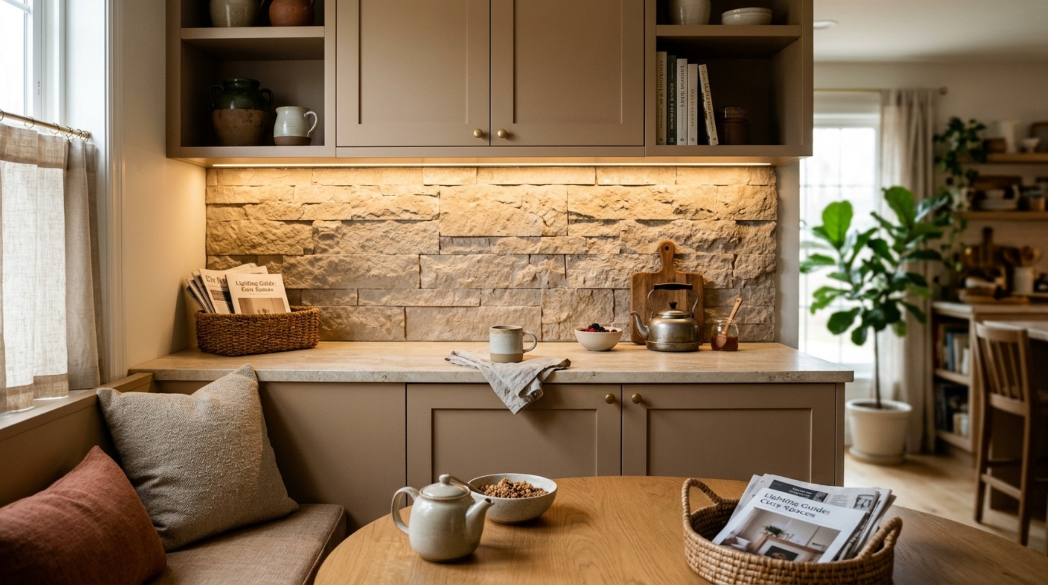 unique cabinets lighting guide demonstration with 2700K warm recessed LED strips illuminating a honed travertine coffee station niche. unique cabinets lighting guide demonstration with 2700K warm recessed LED strips illuminating a honed travertine coffee station niche.