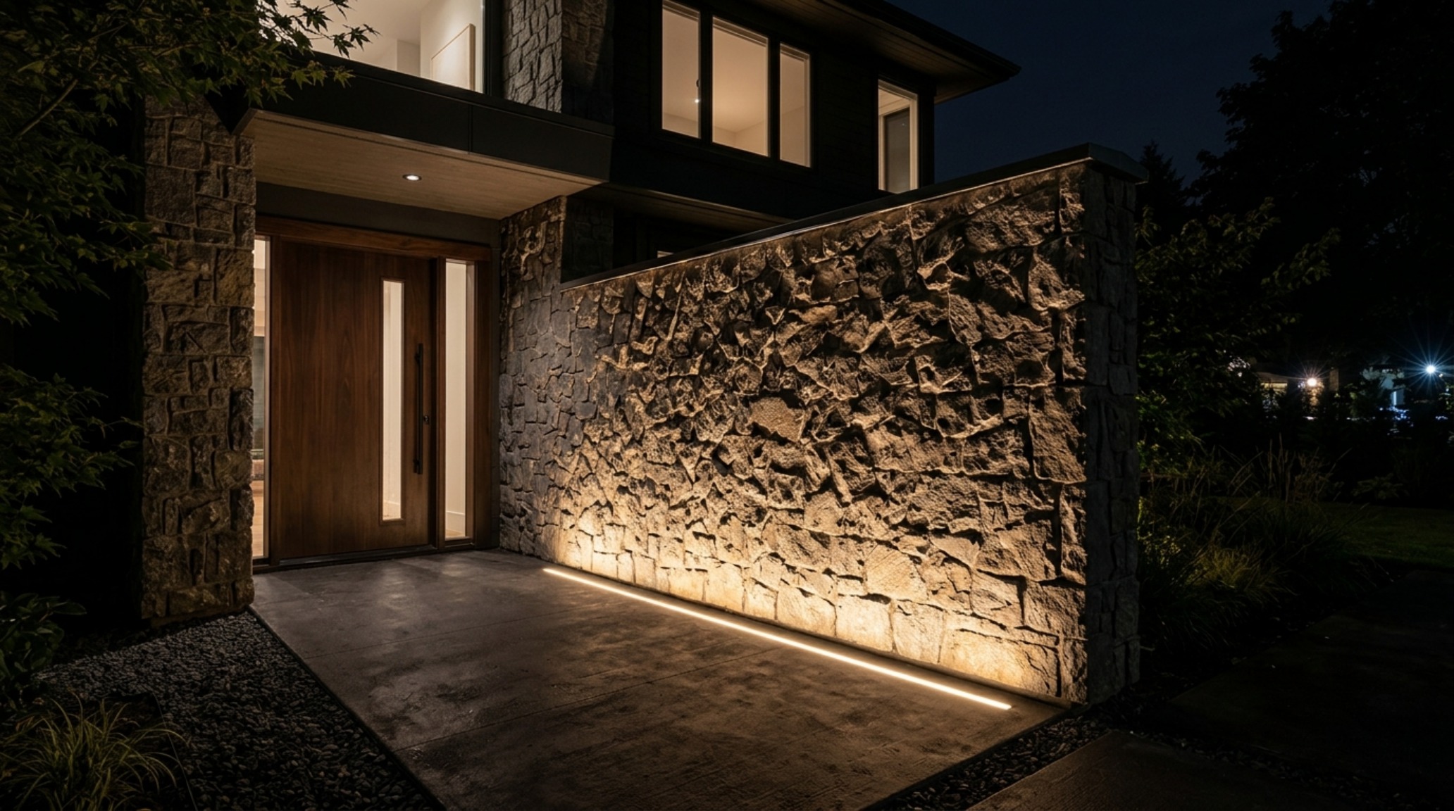 ideas for front doors lighting guide illustrating recessed LED floor lighting grazing a stone feature wall in a dark entryway ideas for front doors lighting guide illustrating recessed LED floor lighting grazing a stone feature wall in a dark entryway